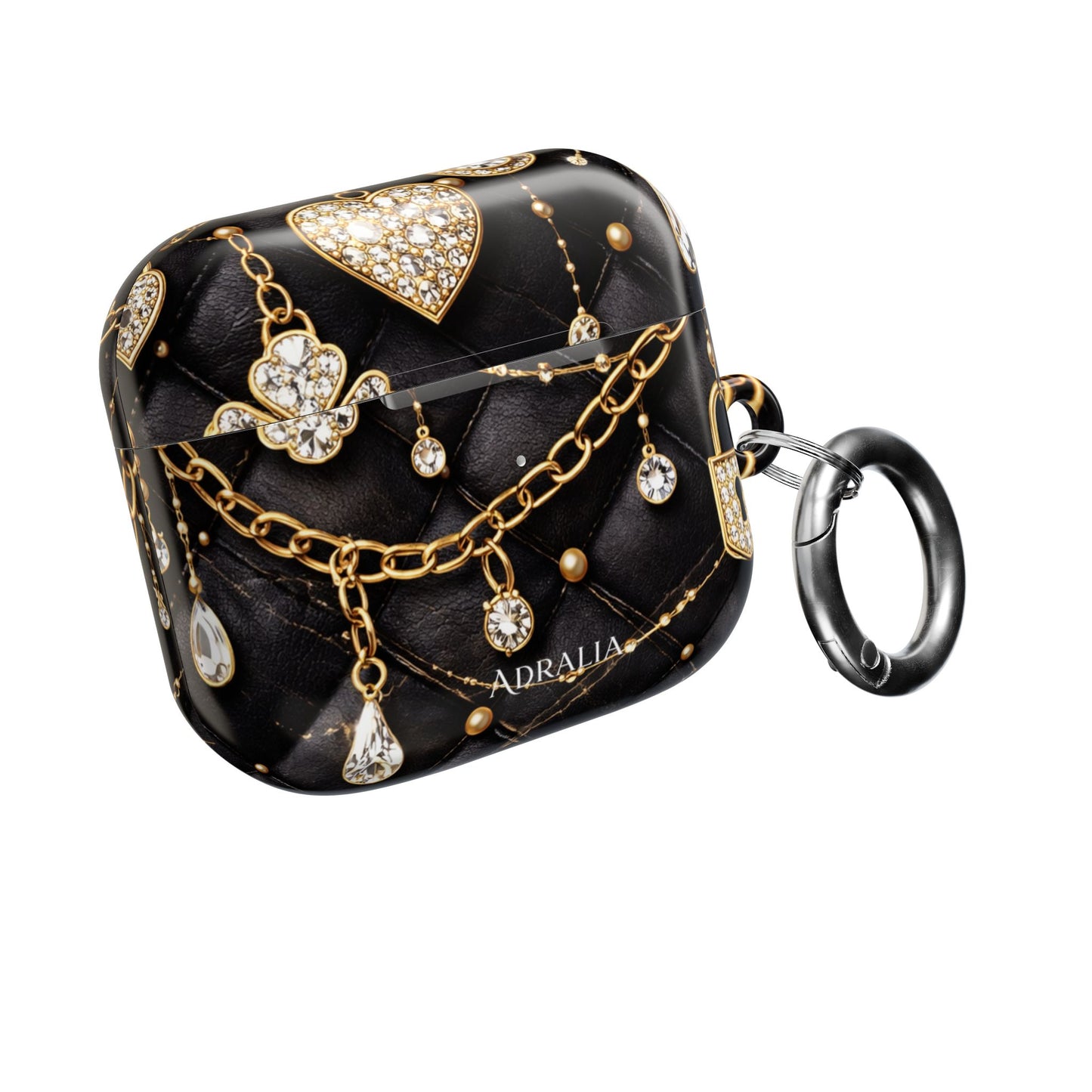 Lux Quilted Black AirPod Case — Gold Chain & Diamond Lock Design