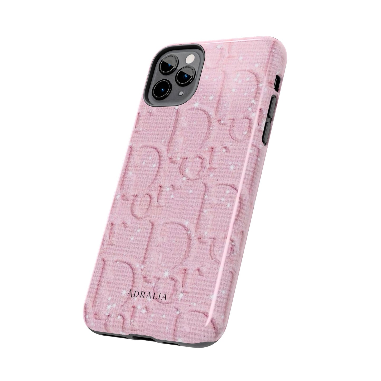 Pink Embossed Tough Phone Case – 'Adralia' Glitter Monogram Protective Cover