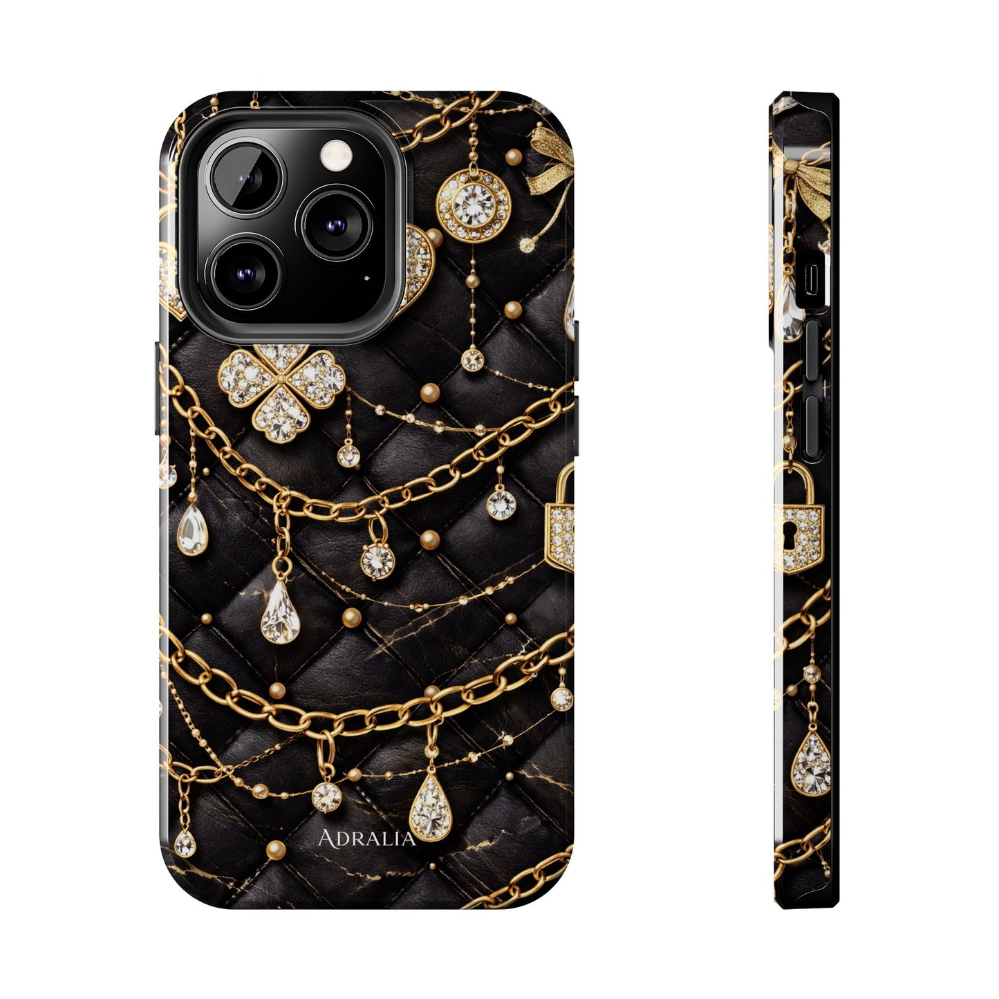 Quilted Black Luxe Phone Case — Gold Chain & Jewel Charm Design