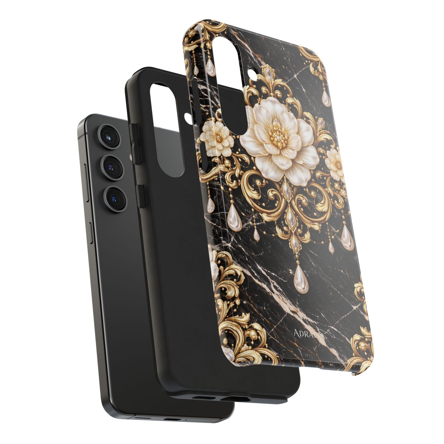 Phone Case — Black Marble Floral Baroque Tough Protective Cover