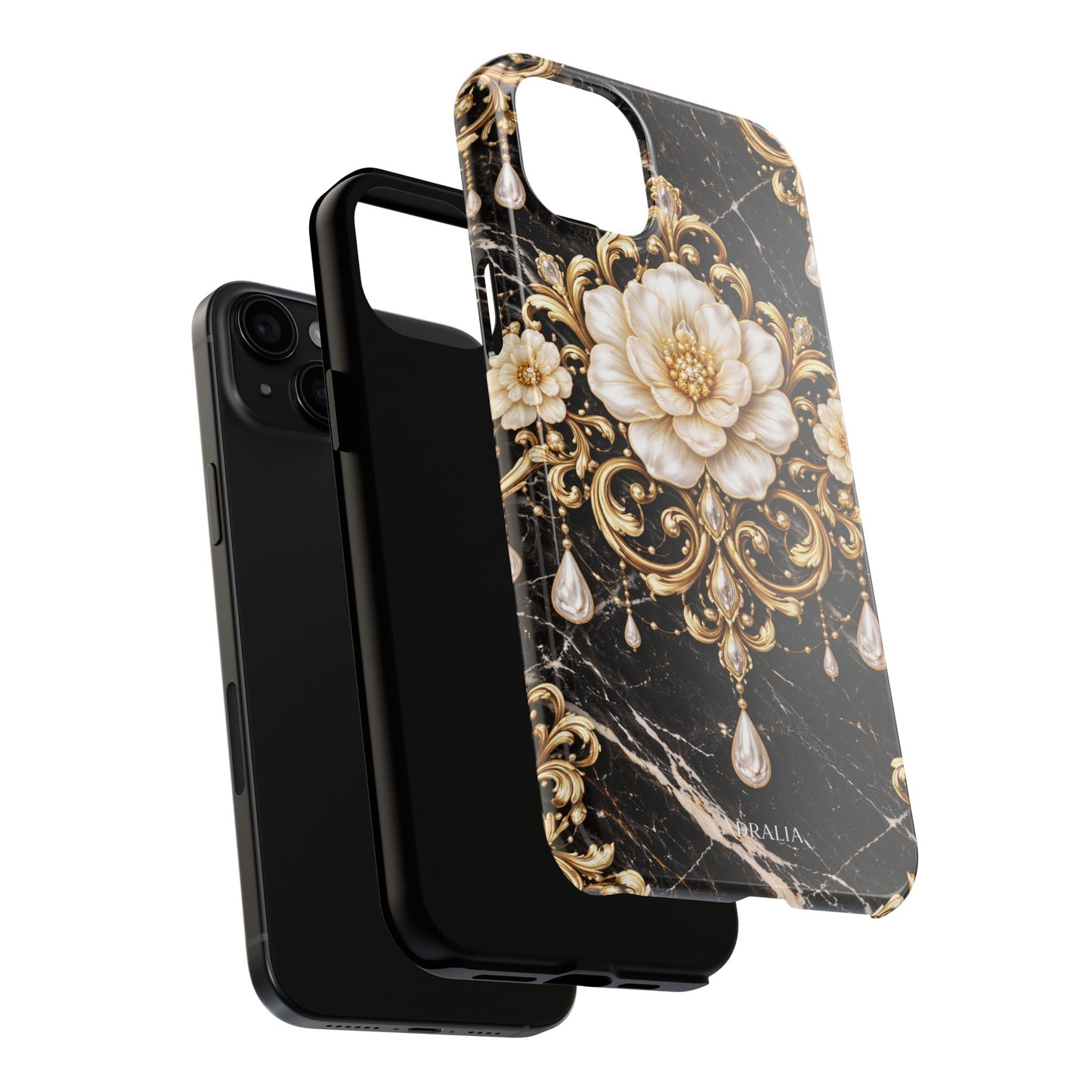 Phone Case — Black Marble Floral Baroque Tough Protective Cover