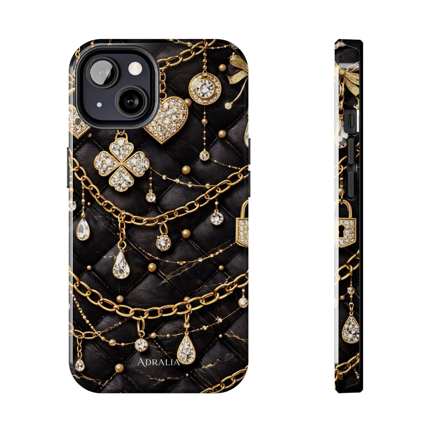 Quilted Black Luxe Phone Case — Gold Chain & Jewel Charm Design
