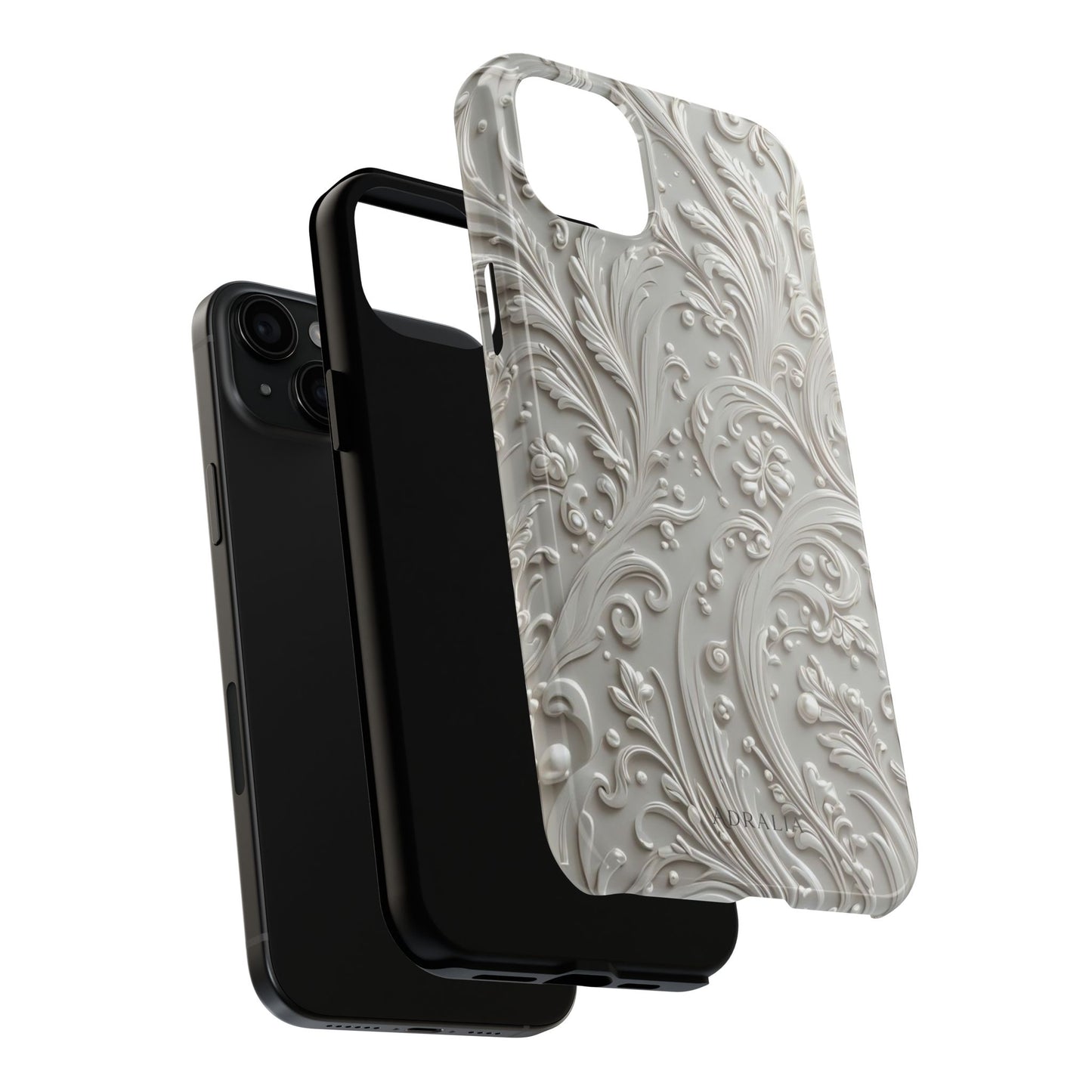 Ornate Baroque Relief Tough Phone Case — Gray Floral Scroll Protective Cover