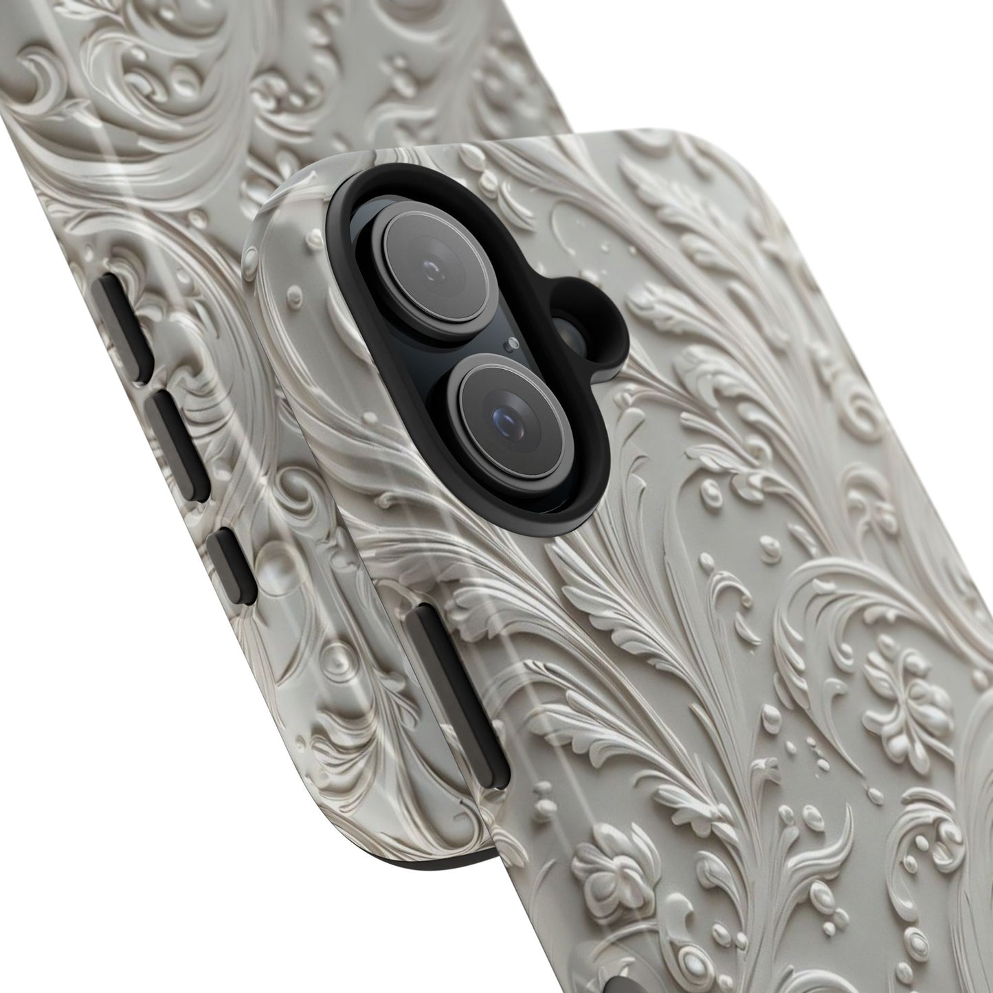 Ornate Baroque Relief Tough Phone Case — Gray Floral Scroll Protective Cover