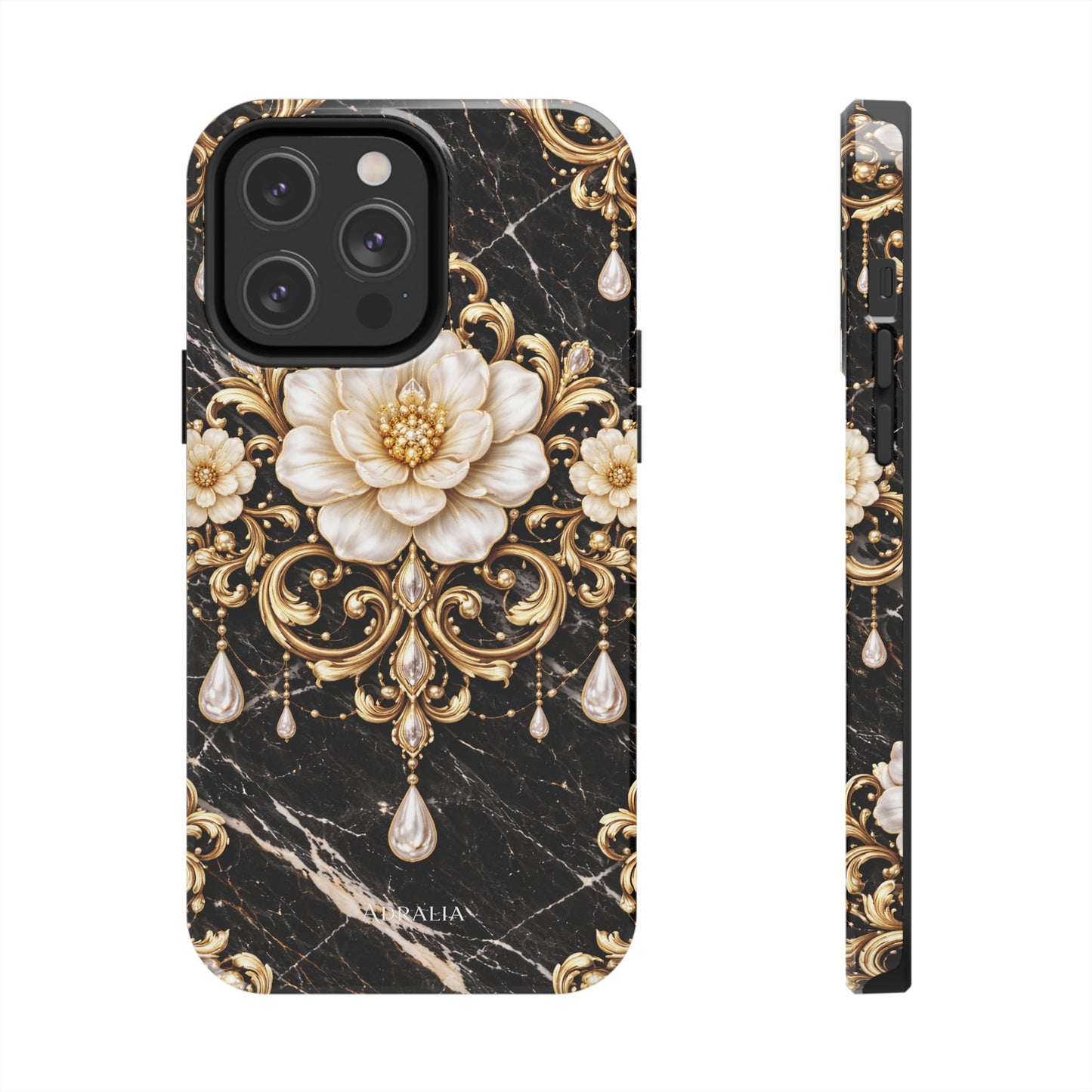 Phone Case — Black Marble Floral Baroque Tough Protective Cover