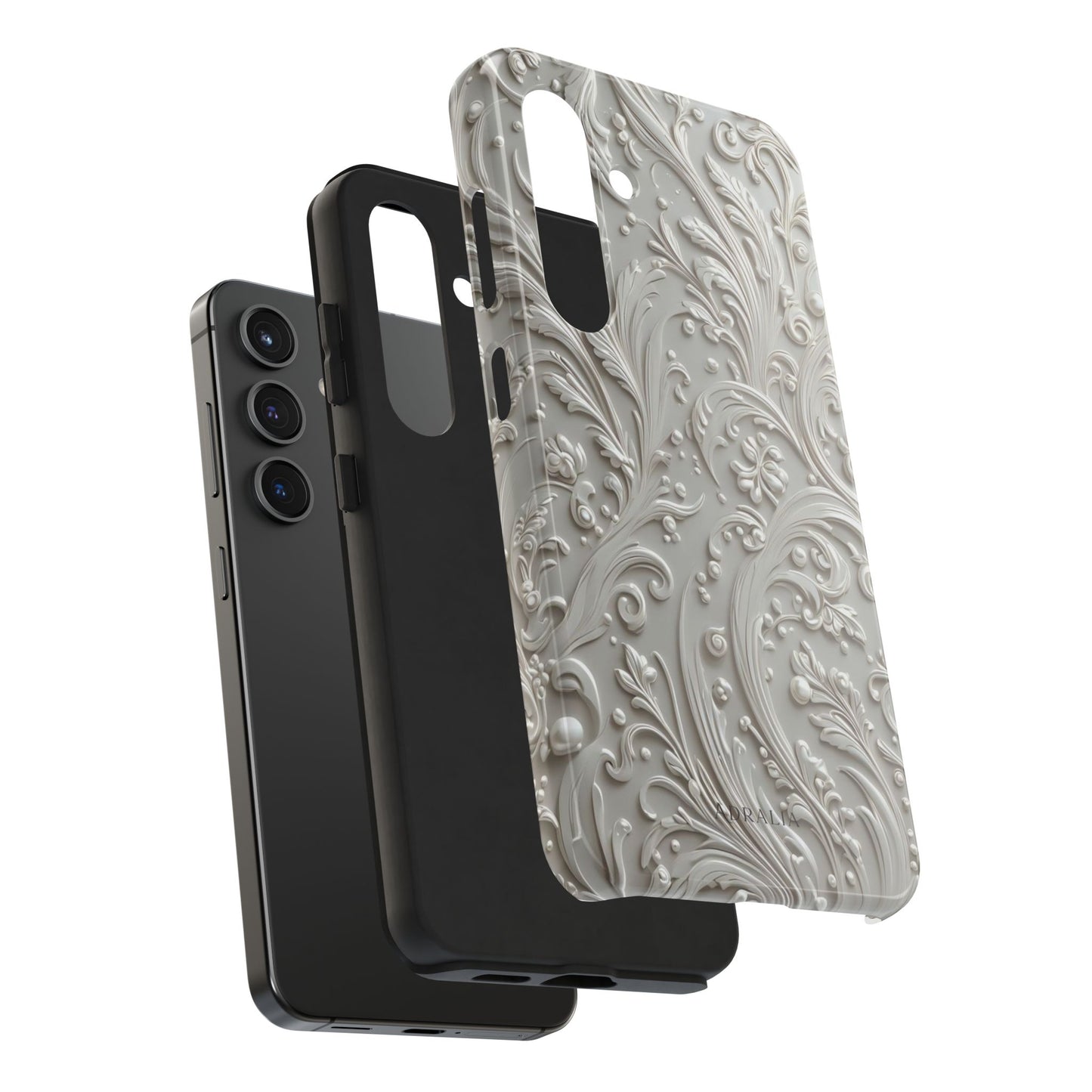 Ornate Baroque Relief Tough Phone Case — Gray Floral Scroll Protective Cover