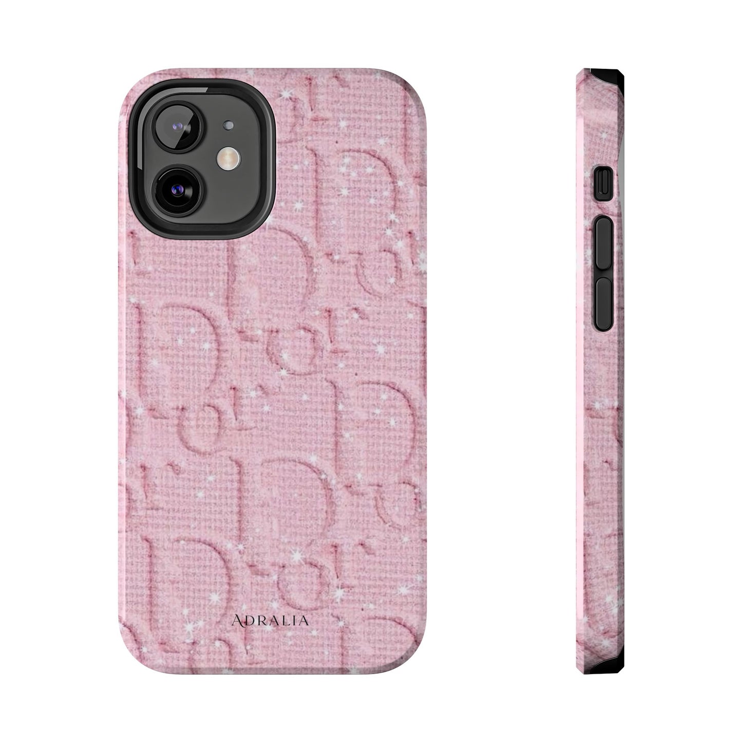 Pink Embossed Tough Phone Case – 'Adralia' Glitter Monogram Protective Cover