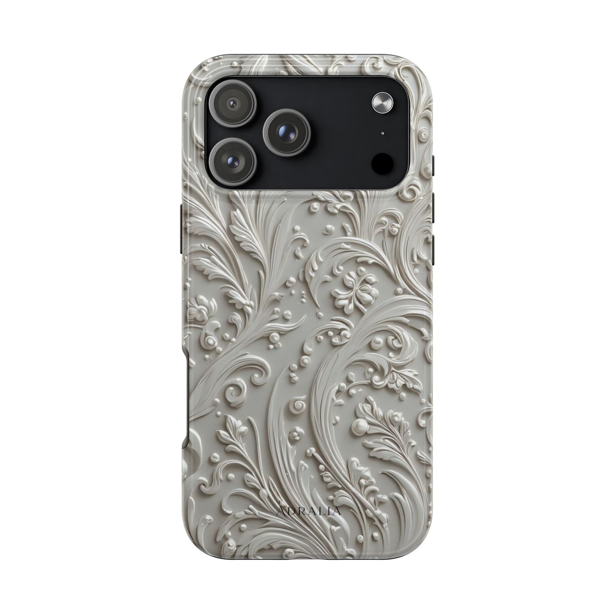 Ornate Baroque Relief Tough Phone Case — Gray Floral Scroll Protective Cover