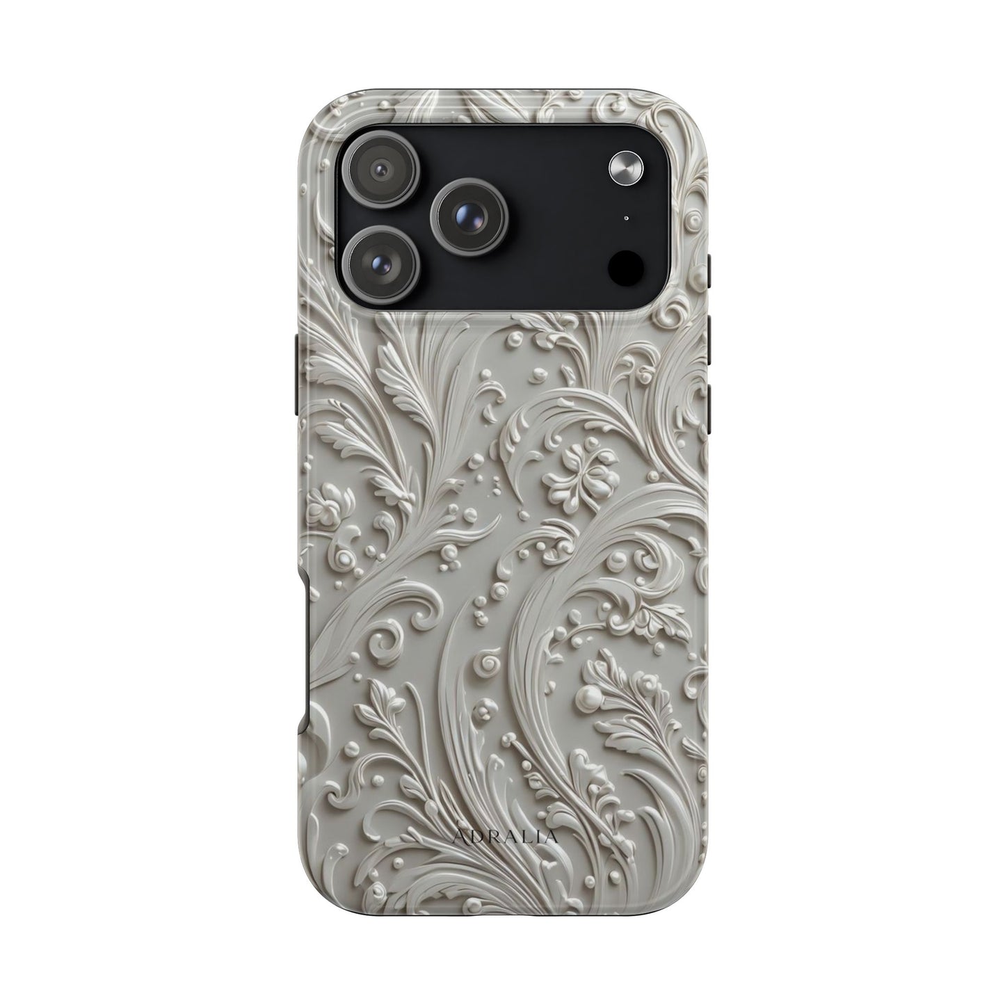 Ornate Baroque Relief Tough Phone Case — Gray Floral Scroll Protective Cover