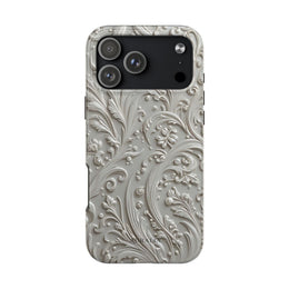 Ornate Baroque Relief Tough Phone Case — Gray Floral Scroll Protective Cover