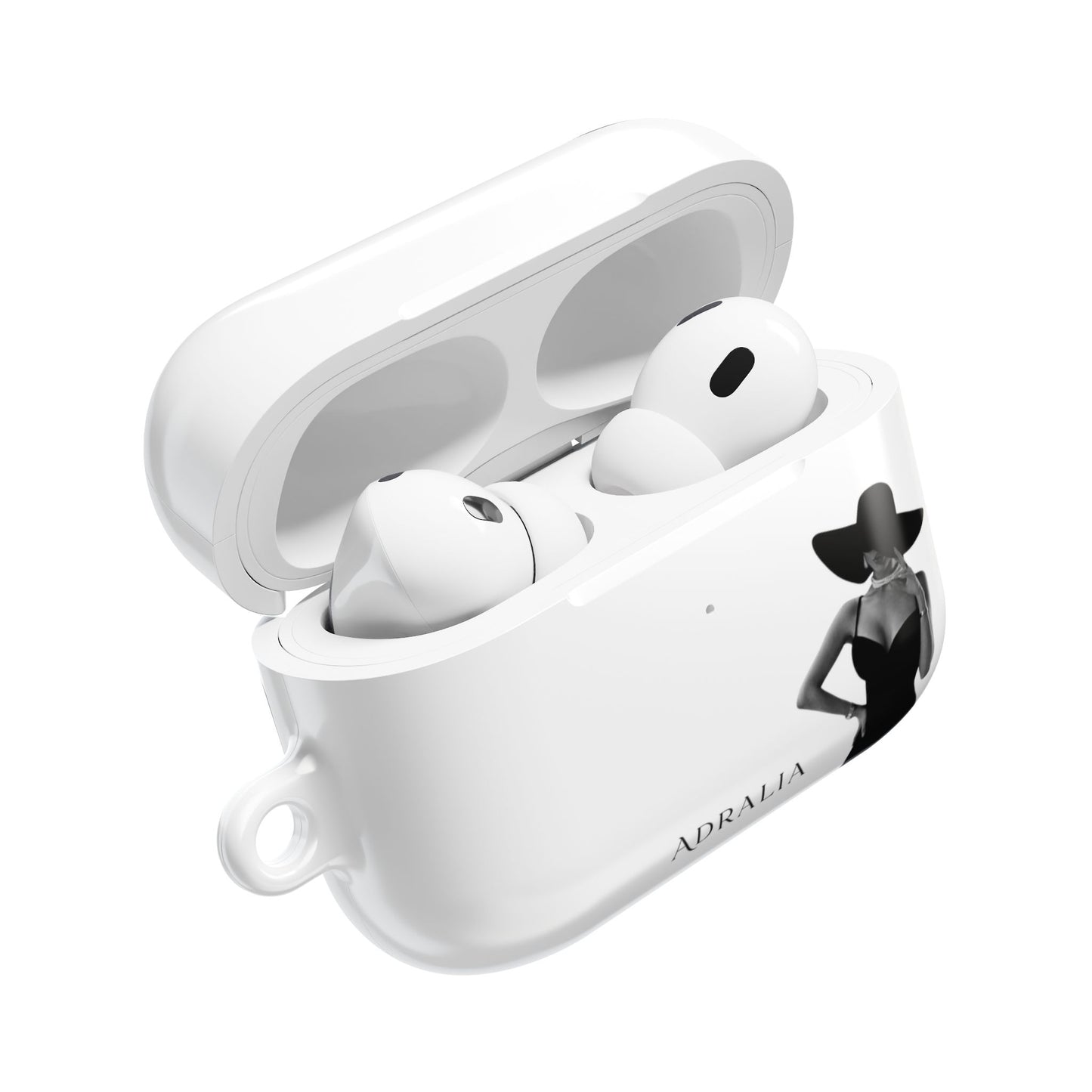 AirPods Case — Elegant Black Hat Silhouette with 'ADRALIA' Text