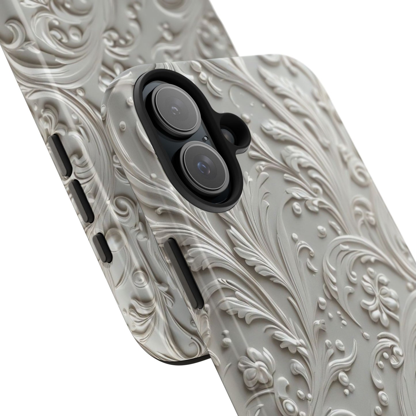 Ornate Baroque Relief Tough Phone Case — Gray Floral Scroll Protective Cover