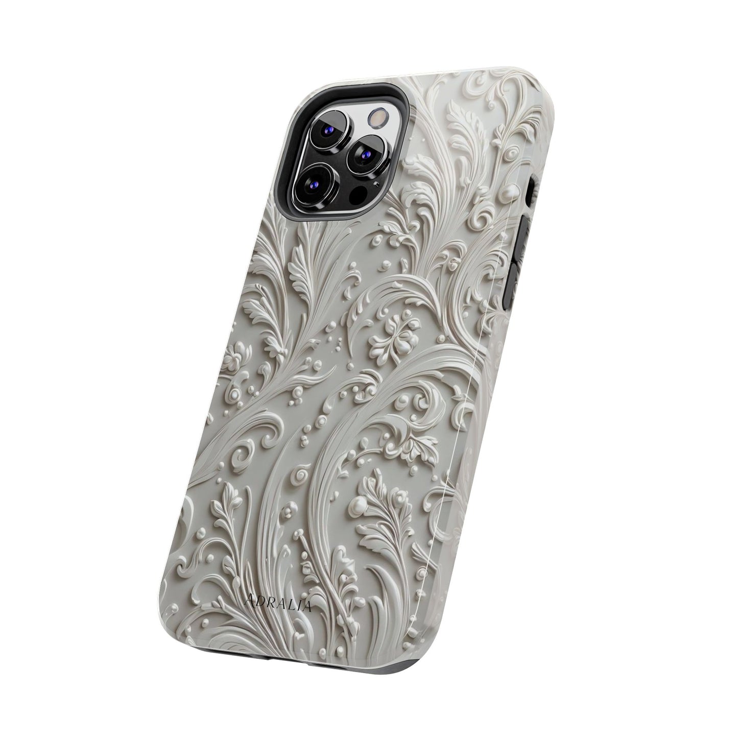 Ornate Baroque Relief Tough Phone Case — Gray Floral Scroll Protective Cover
