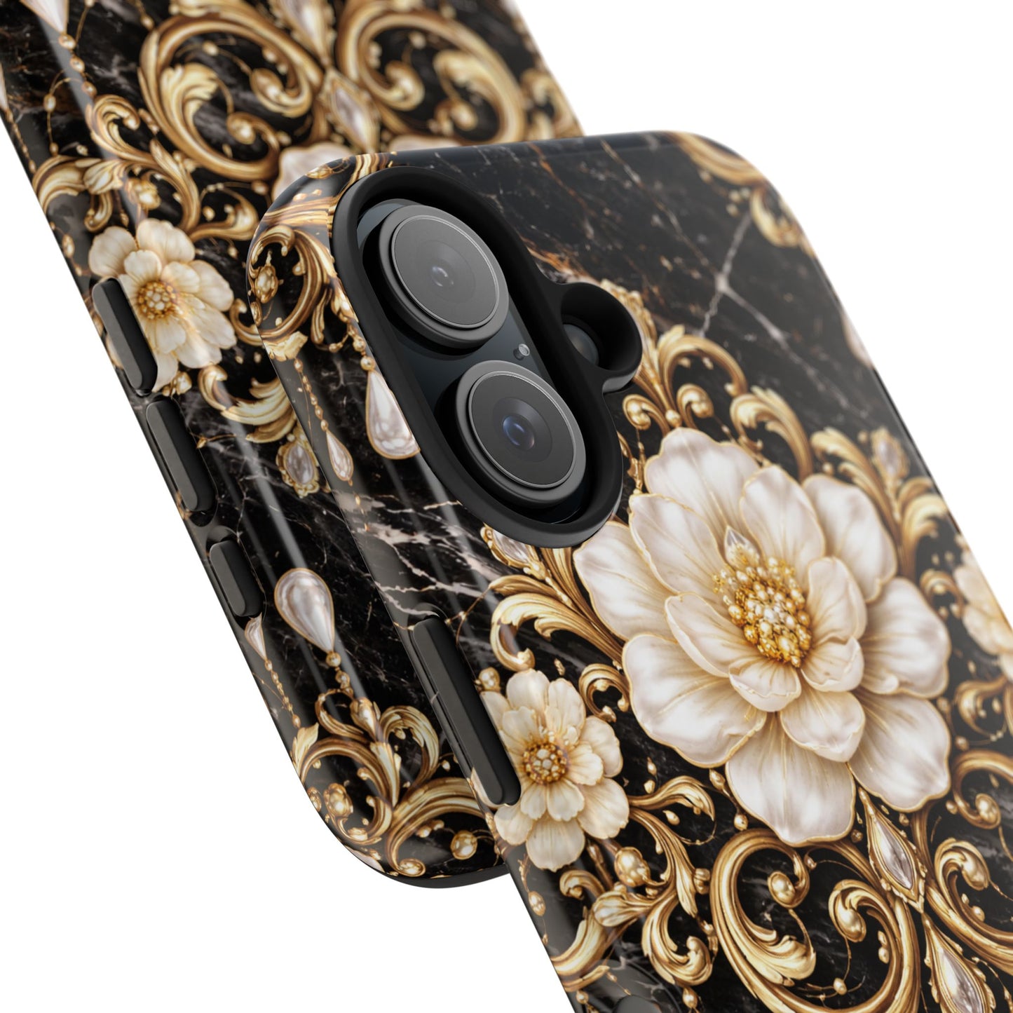 Phone Case — Black Marble Floral Baroque Tough Protective Cover