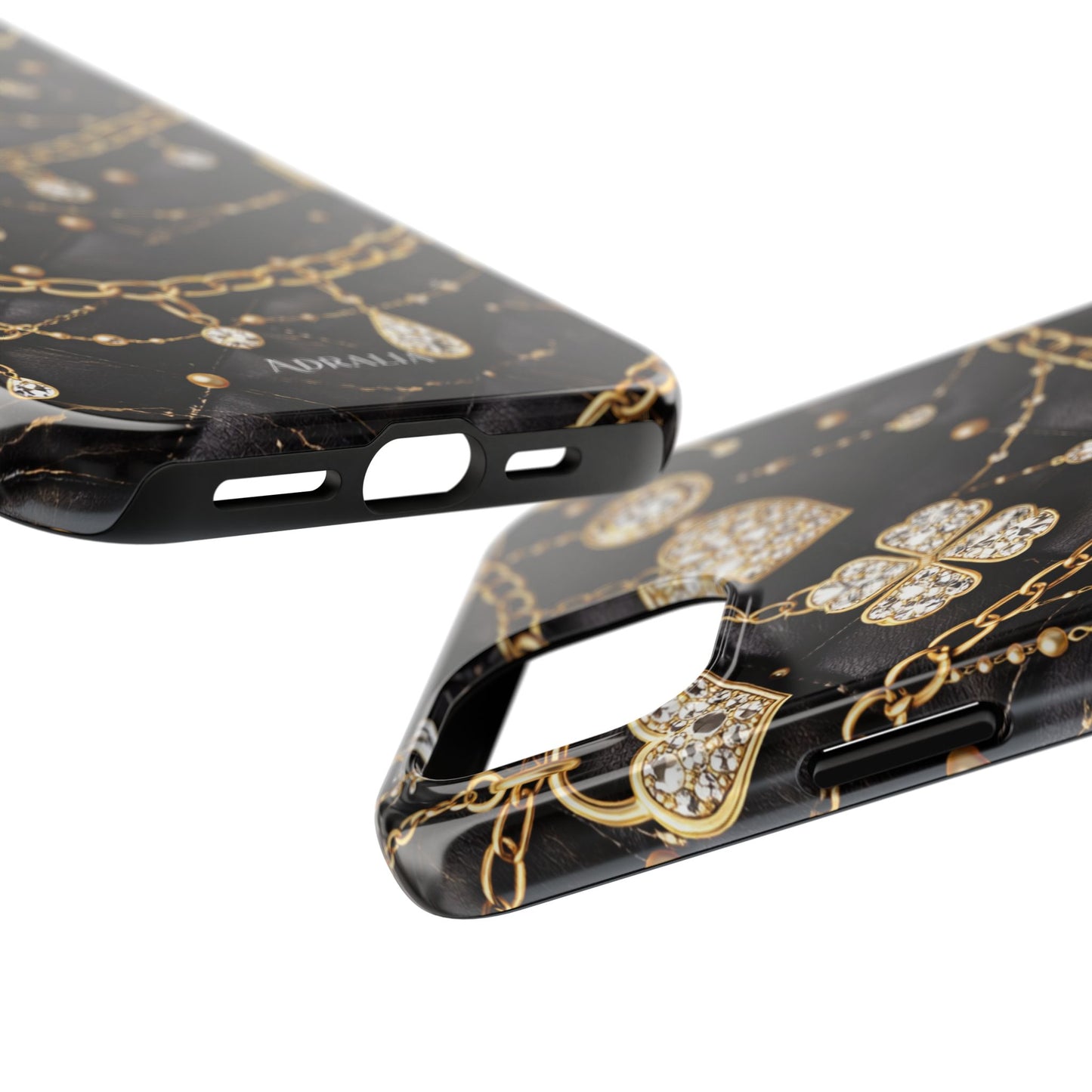Quilted Black Luxe Phone Case — Gold Chain & Jewel Charm Design