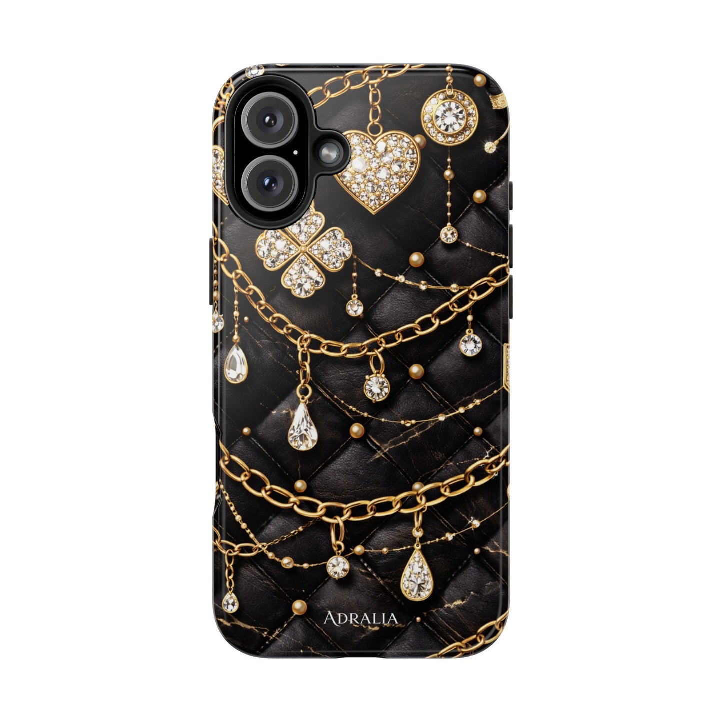 Quilted Black Luxe Phone Case — Gold Chain & Jewel Charm Design