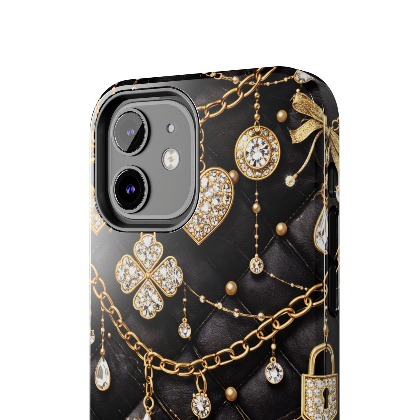 Quilted Black Luxe Phone Case — Gold Chain & Jewel Charm Design