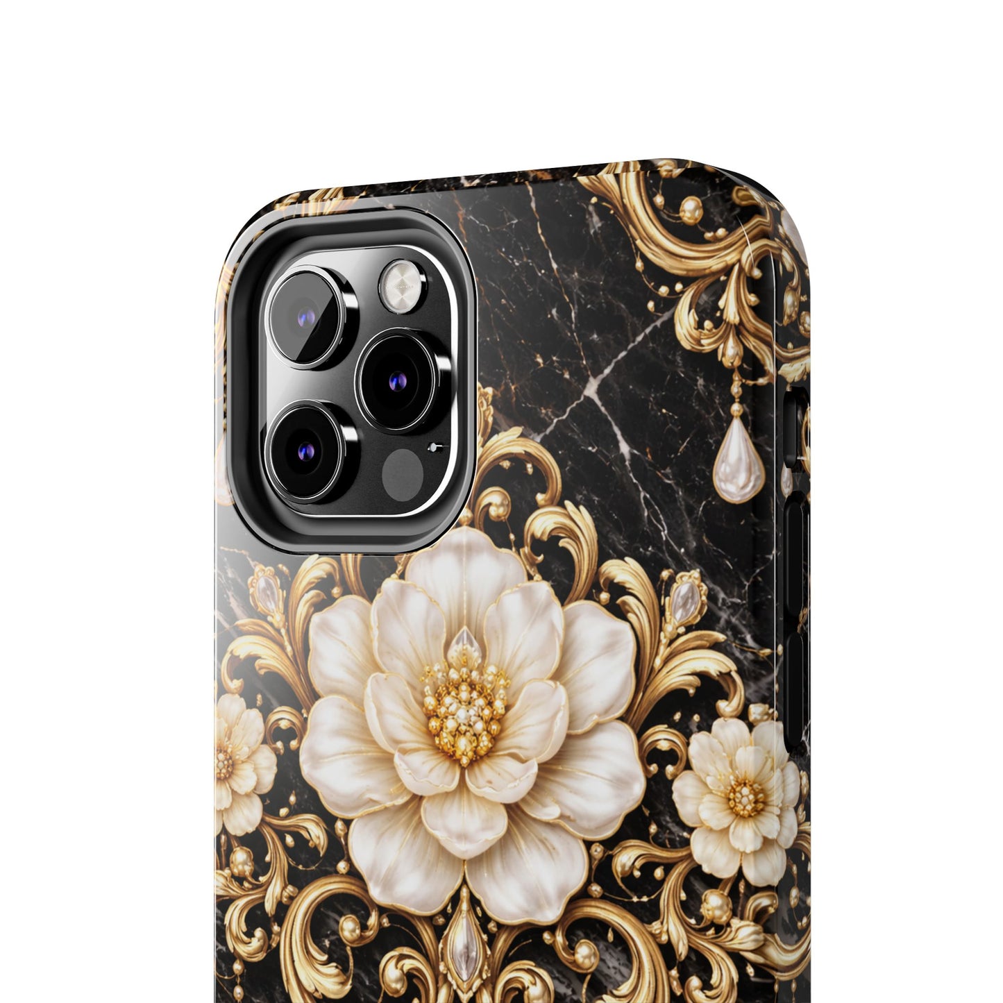 Phone Case — Black Marble Floral Baroque Tough Protective Cover