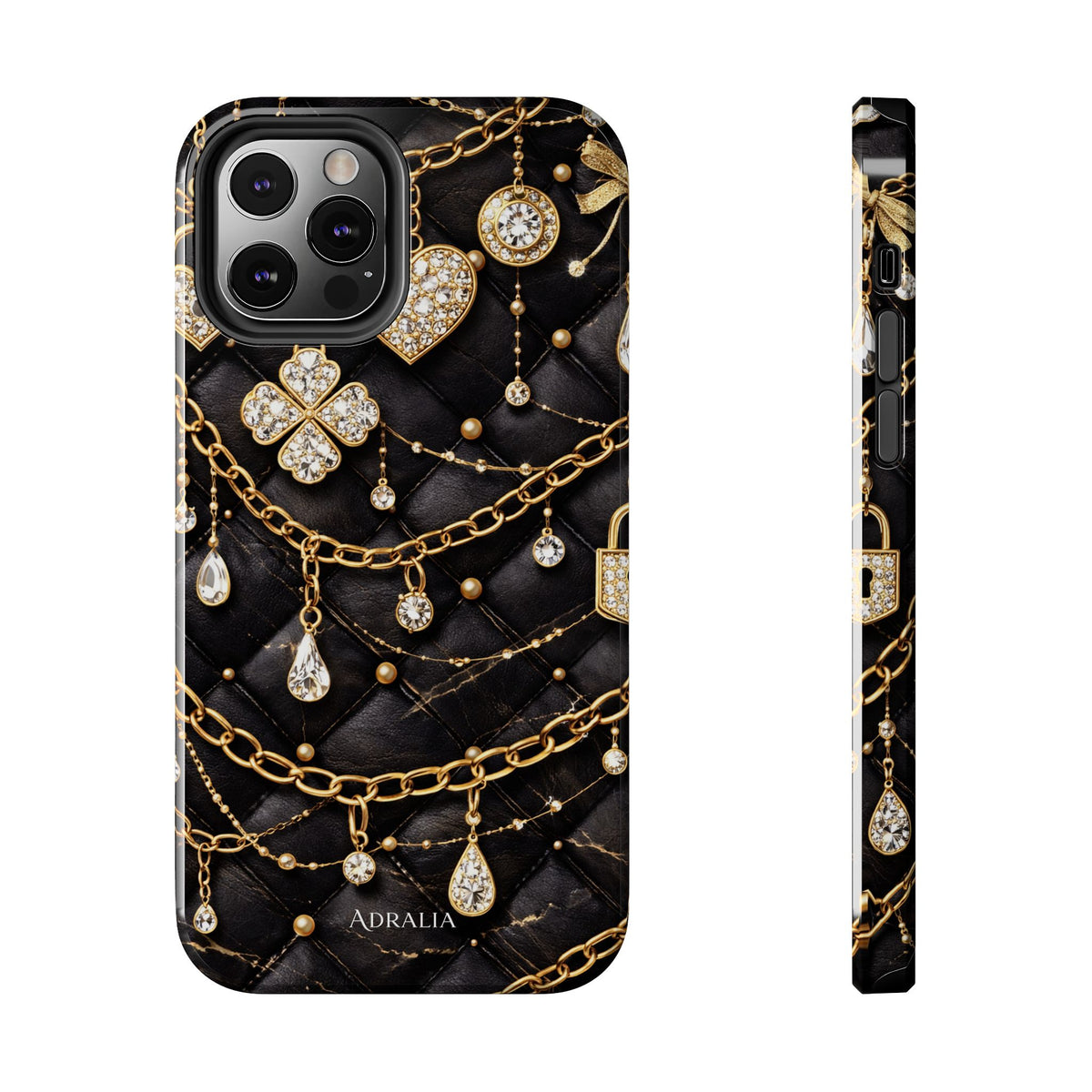 Quilted Black Luxe Phone Case — Gold Chain & Jewel Charm Design
