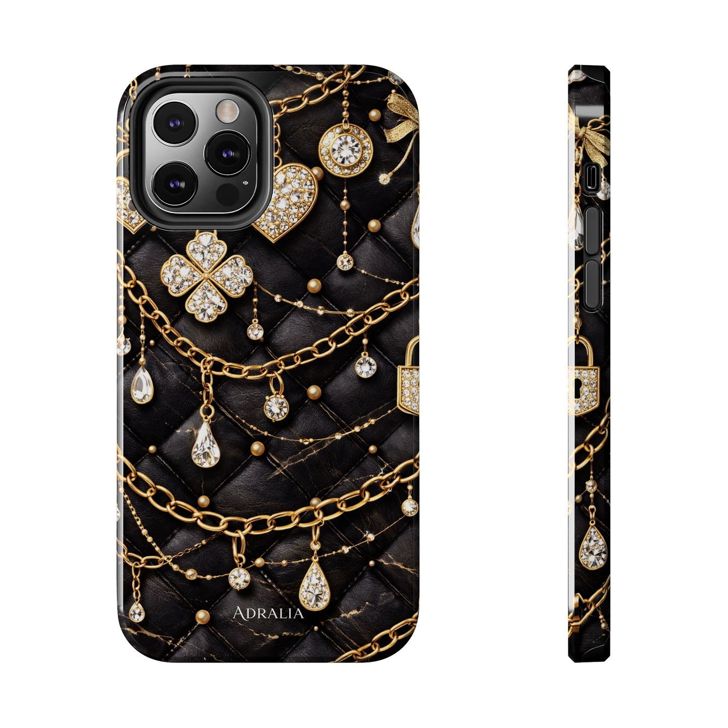 Quilted Black Luxe Phone Case — Gold Chain & Jewel Charm Design