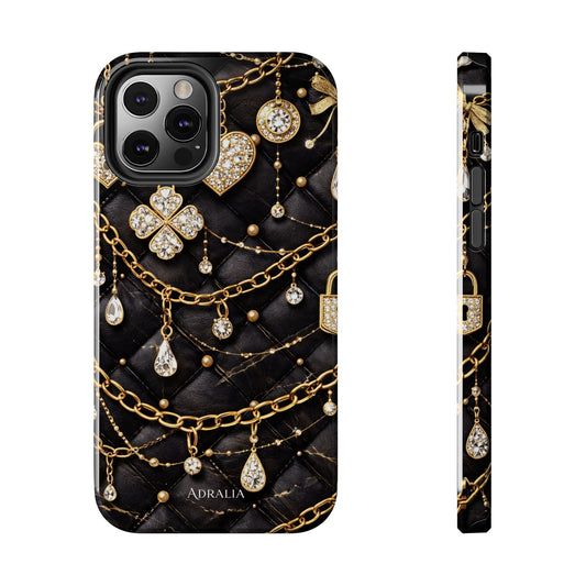 Quilted Black Luxe Phone Case — Gold Chain & Jewel Charm Design