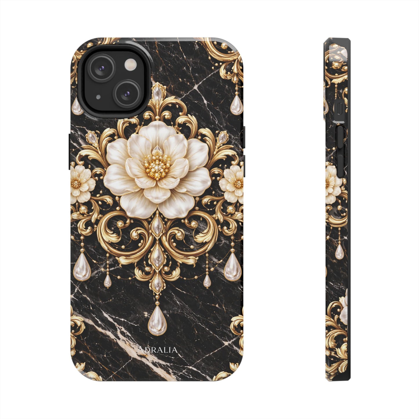 Phone Case — Black Marble Floral Baroque Tough Protective Cover