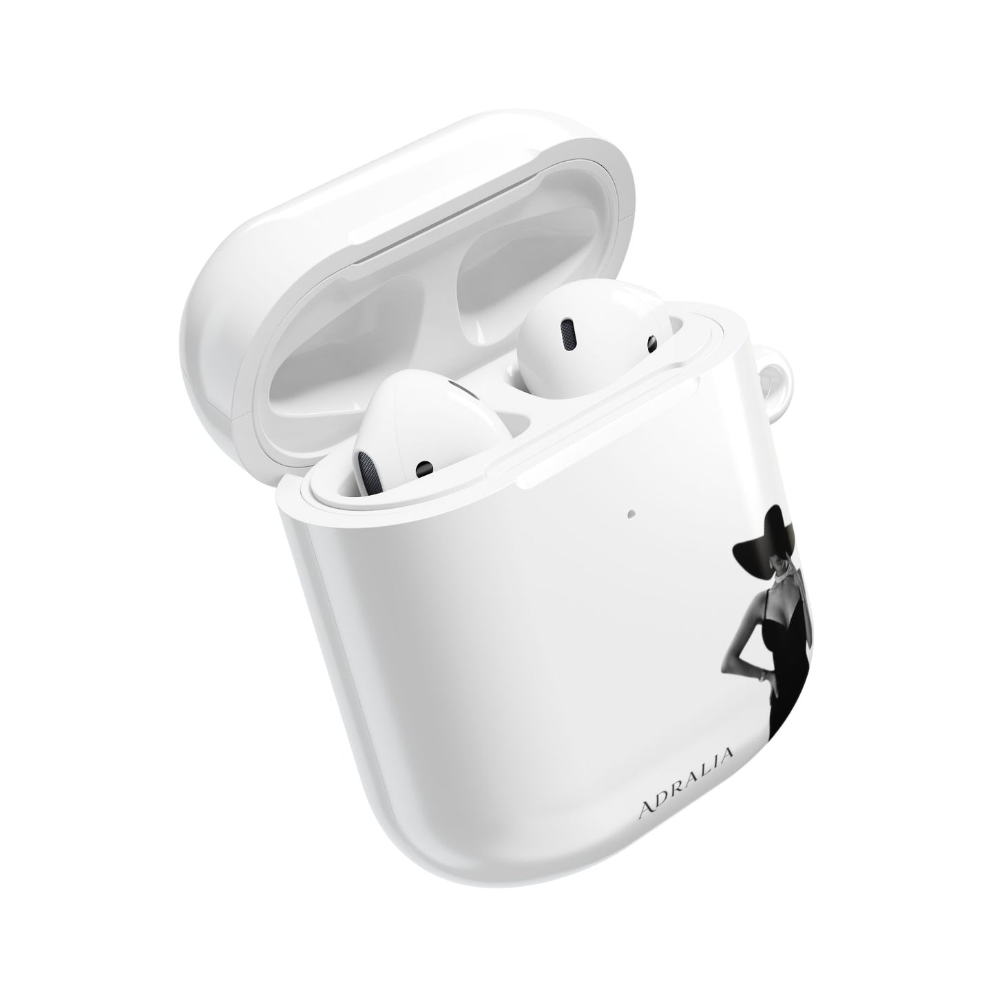 AirPods Case — Elegant Black Hat Silhouette with 'ADRALIA' Text