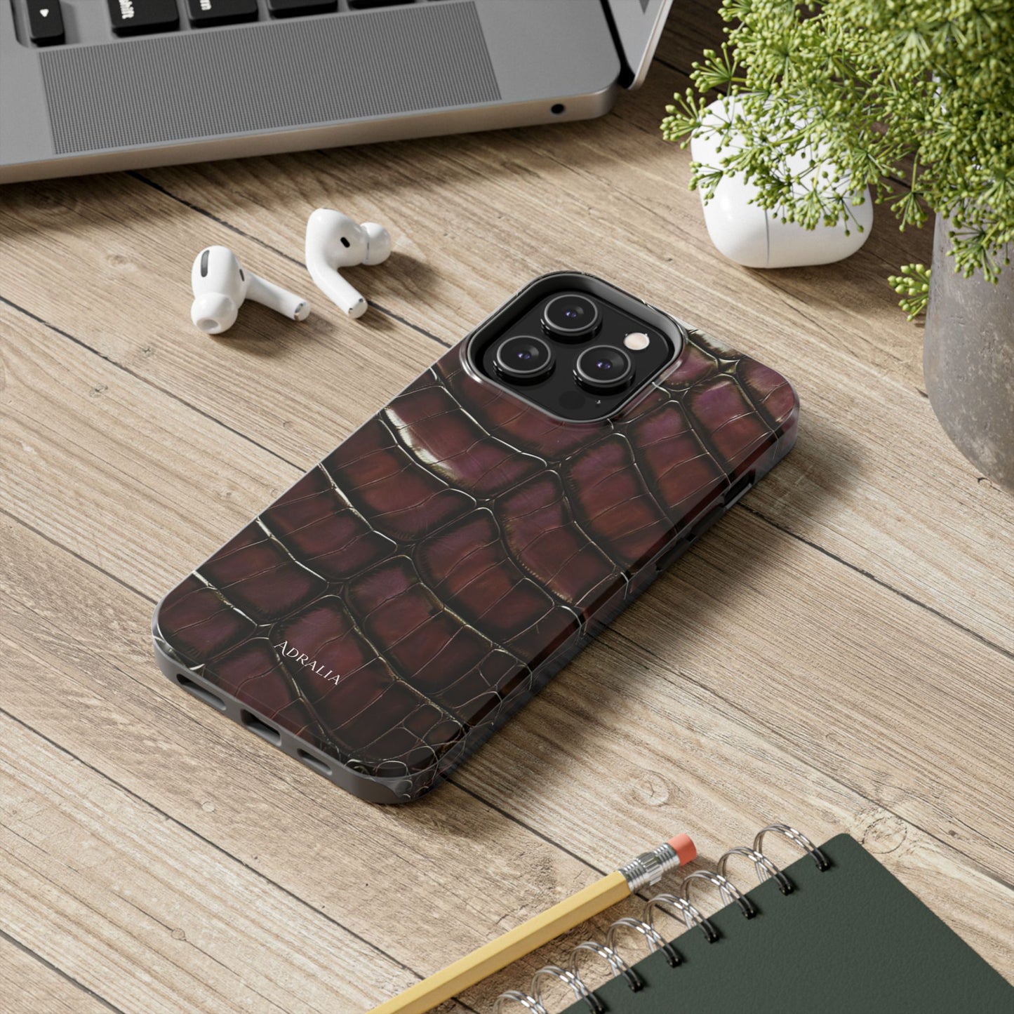 Croc-Embossed Tough Phone Case — Burgundy Faux Alligator with ADRALIA Accent