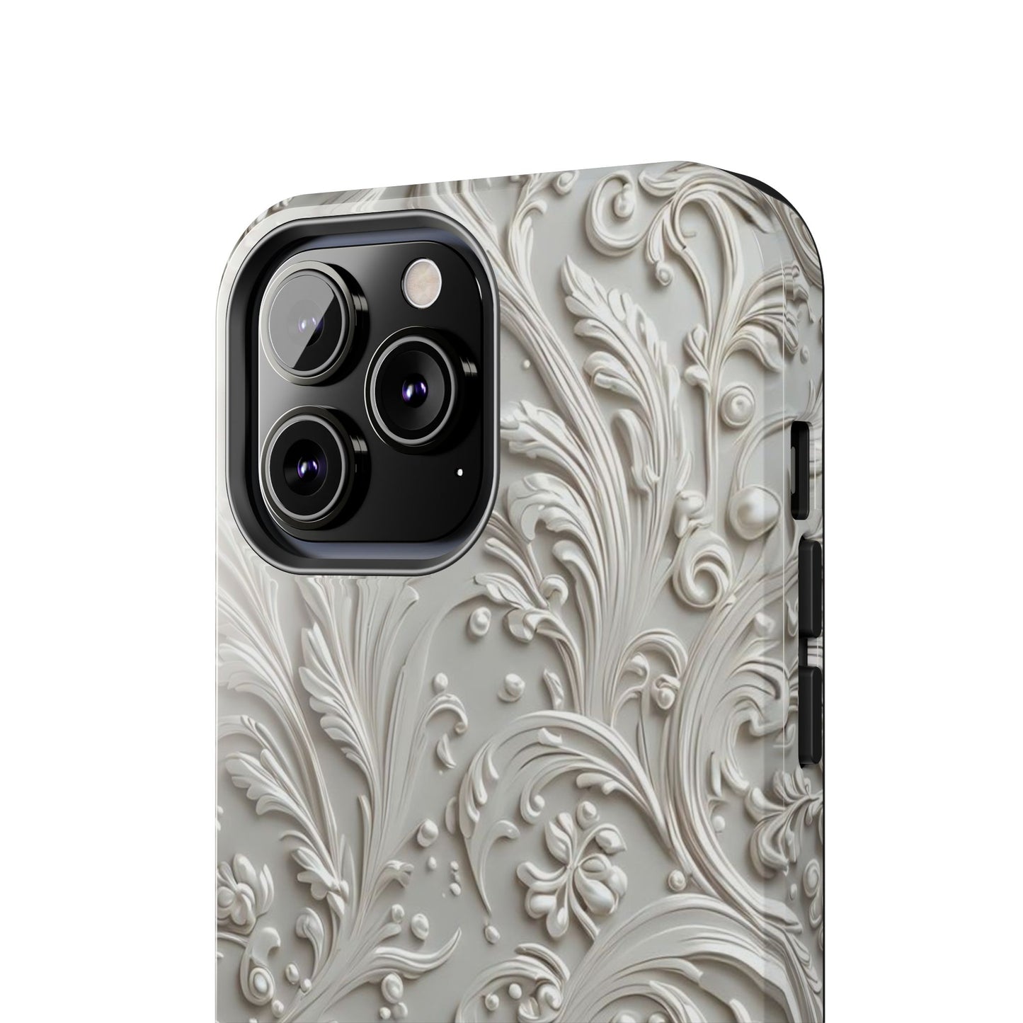 Ornate Baroque Relief Tough Phone Case — Gray Floral Scroll Protective Cover