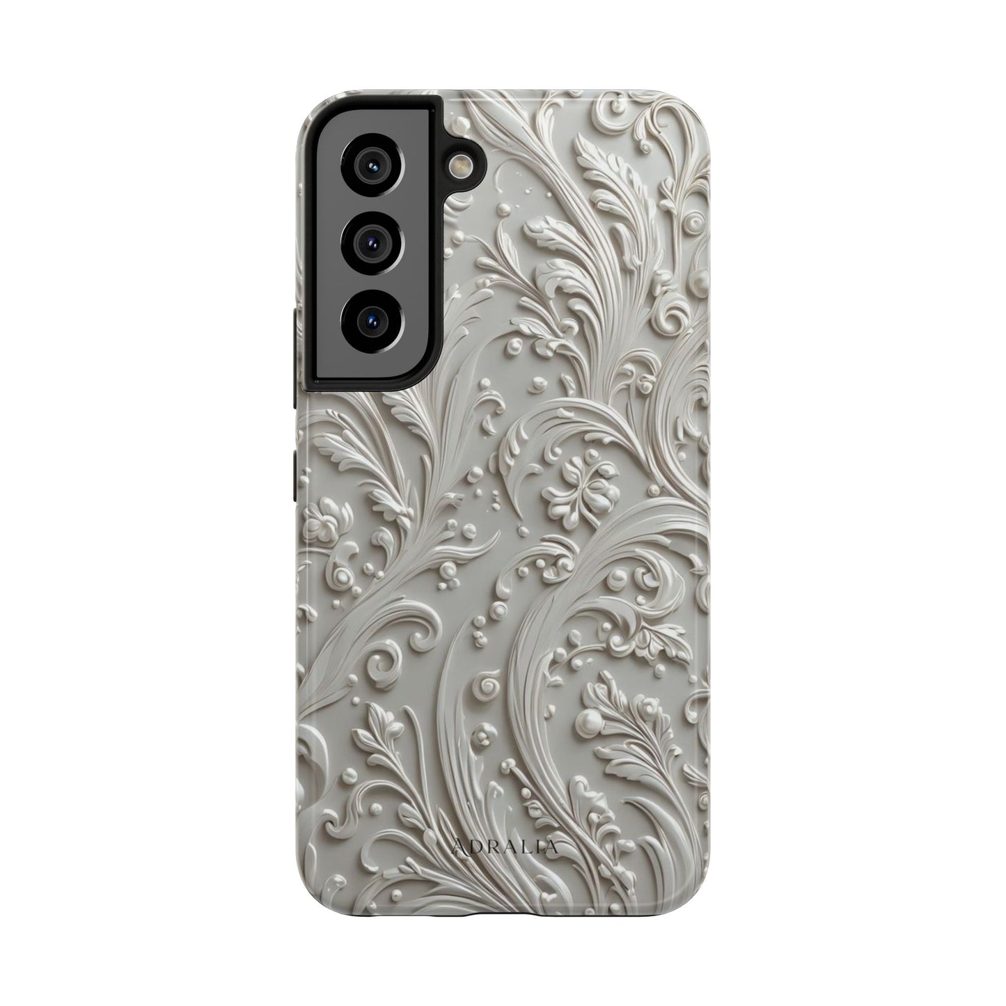 Ornate Baroque Relief Tough Phone Case — Gray Floral Scroll Protective Cover