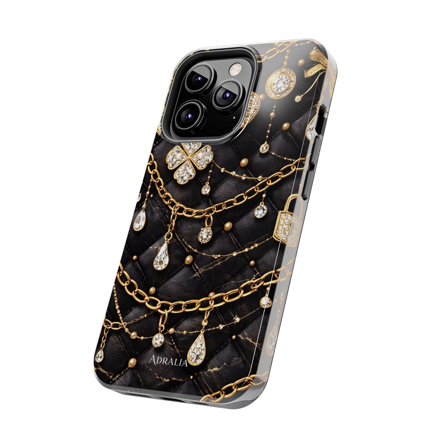 Quilted Black Luxe Phone Case — Gold Chain & Jewel Charm Design