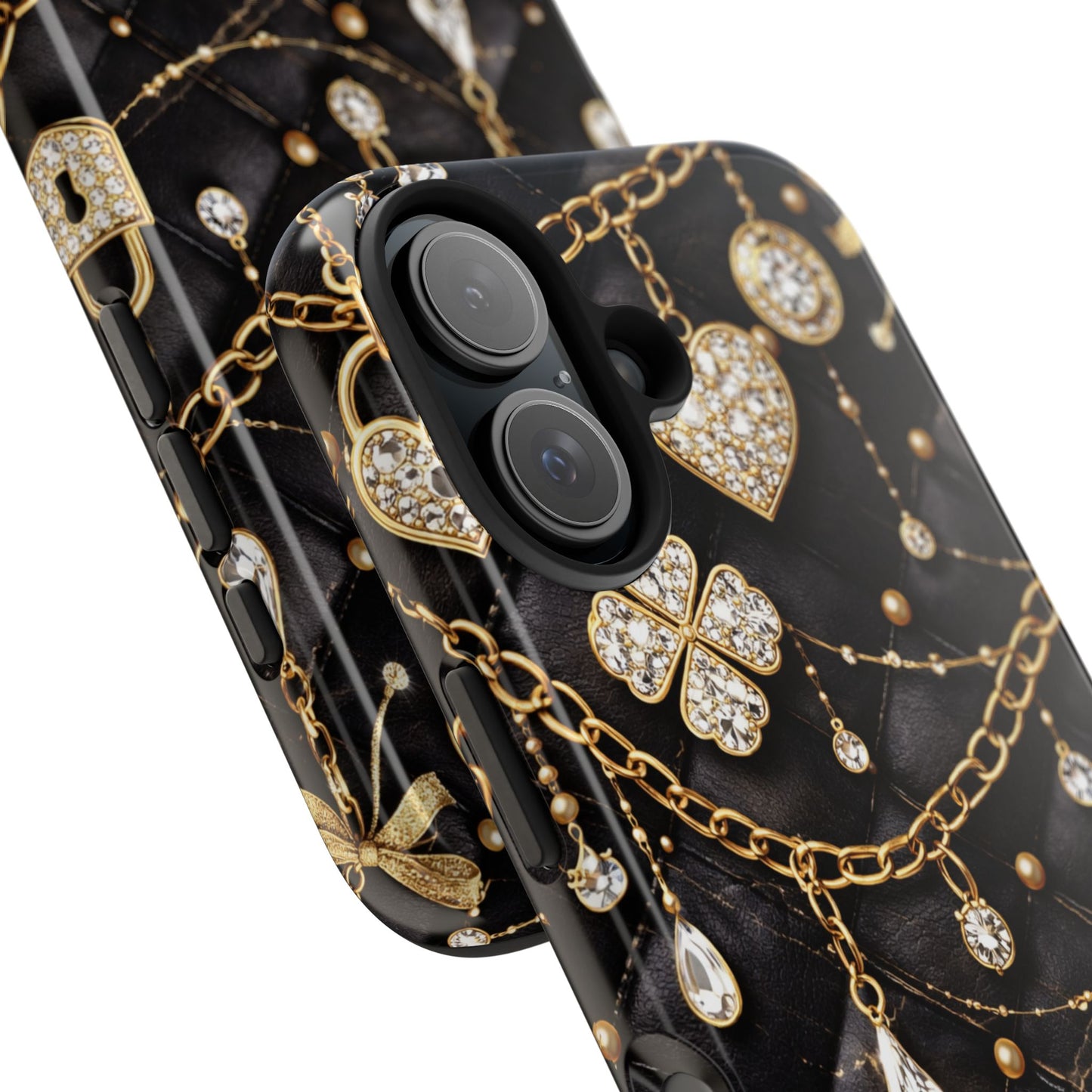 Quilted Black Luxe Phone Case — Gold Chain & Jewel Charm Design