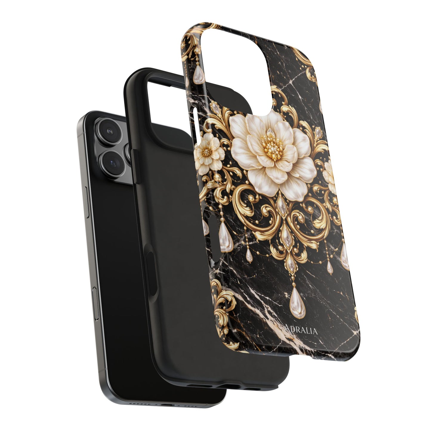 Phone Case — Black Marble Floral Baroque Tough Protective Cover