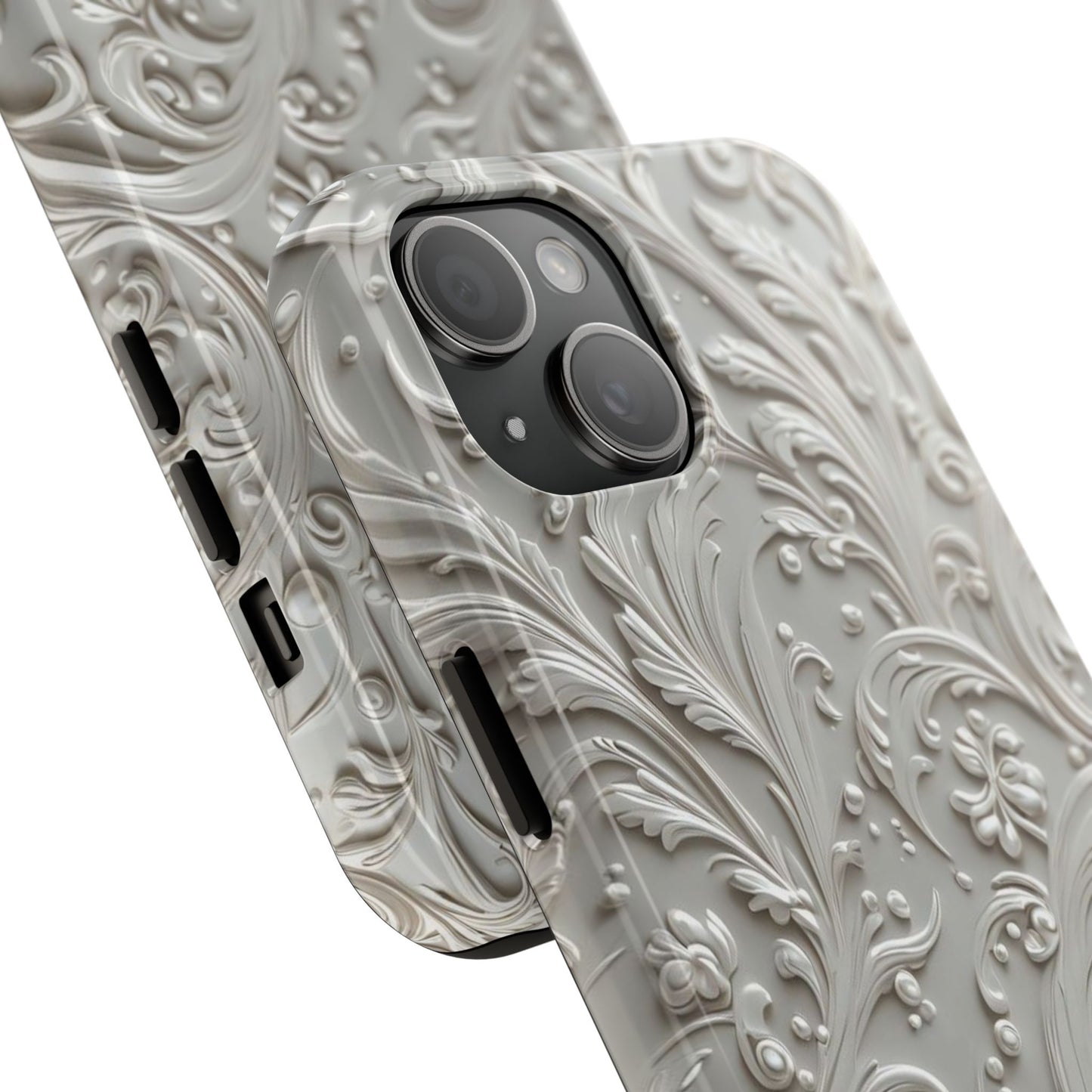 Ornate Baroque Relief Tough Phone Case — Gray Floral Scroll Protective Cover