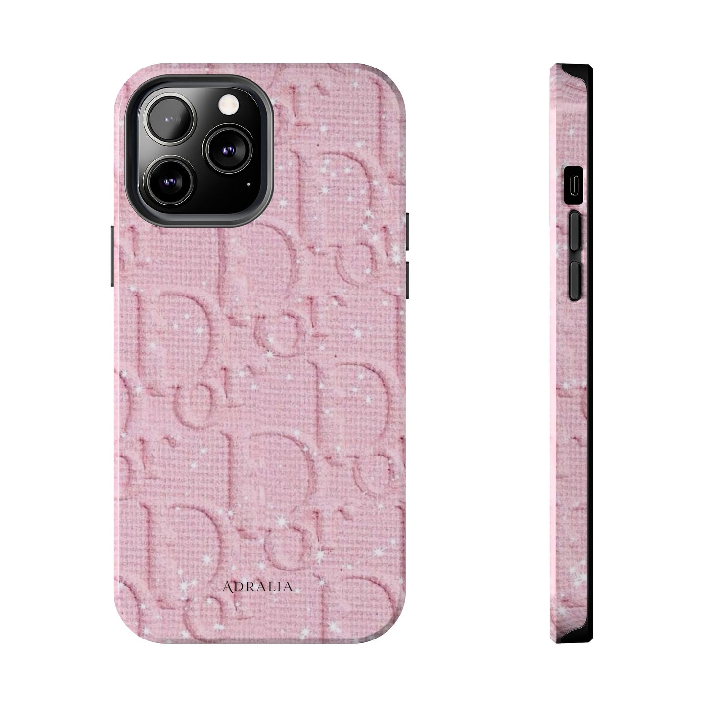 Pink Embossed Tough Phone Case – 'Adralia' Glitter Monogram Protective Cover