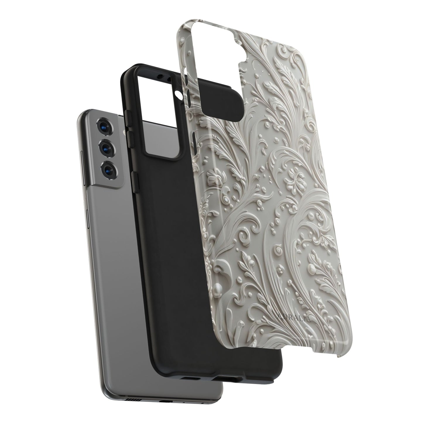 Ornate Baroque Relief Tough Phone Case — Gray Floral Scroll Protective Cover