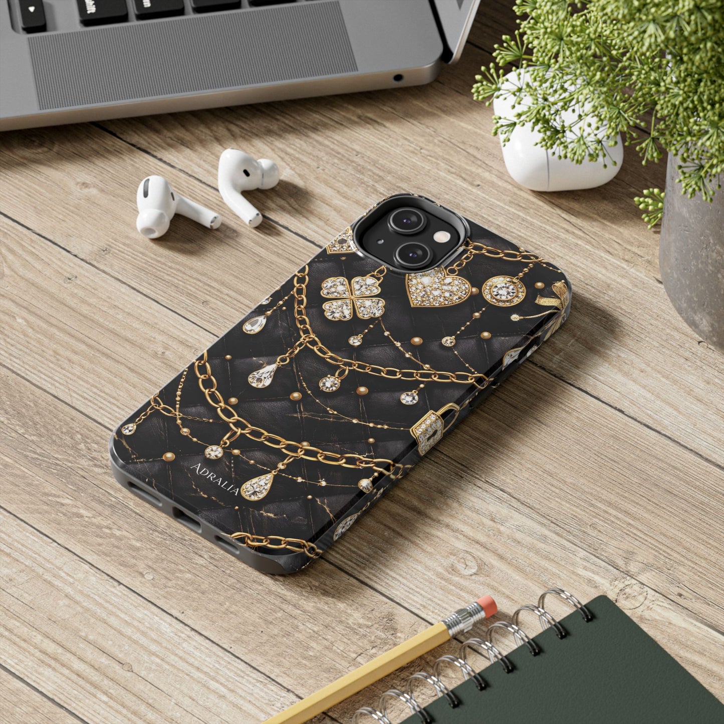 Quilted Black Luxe Phone Case — Gold Chain & Jewel Charm Design