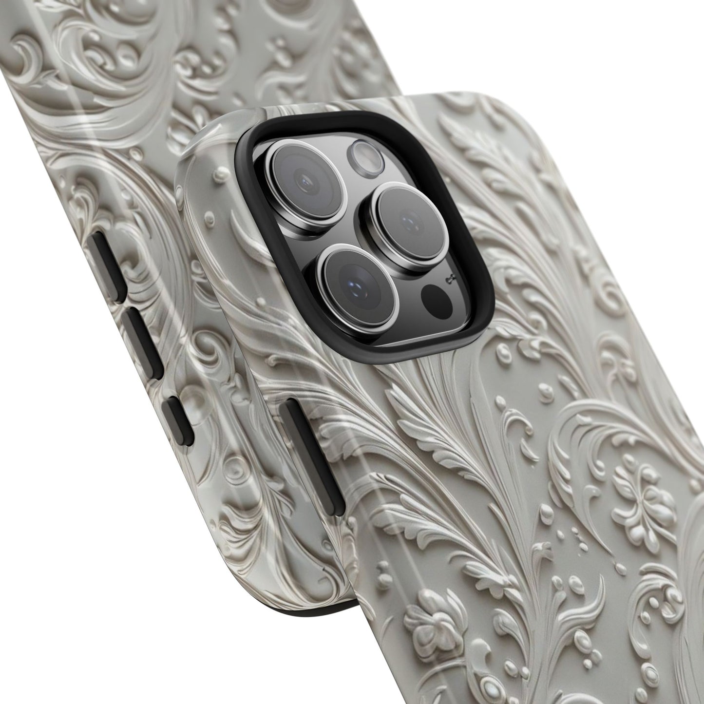 Ornate Baroque Relief Tough Phone Case — Gray Floral Scroll Protective Cover