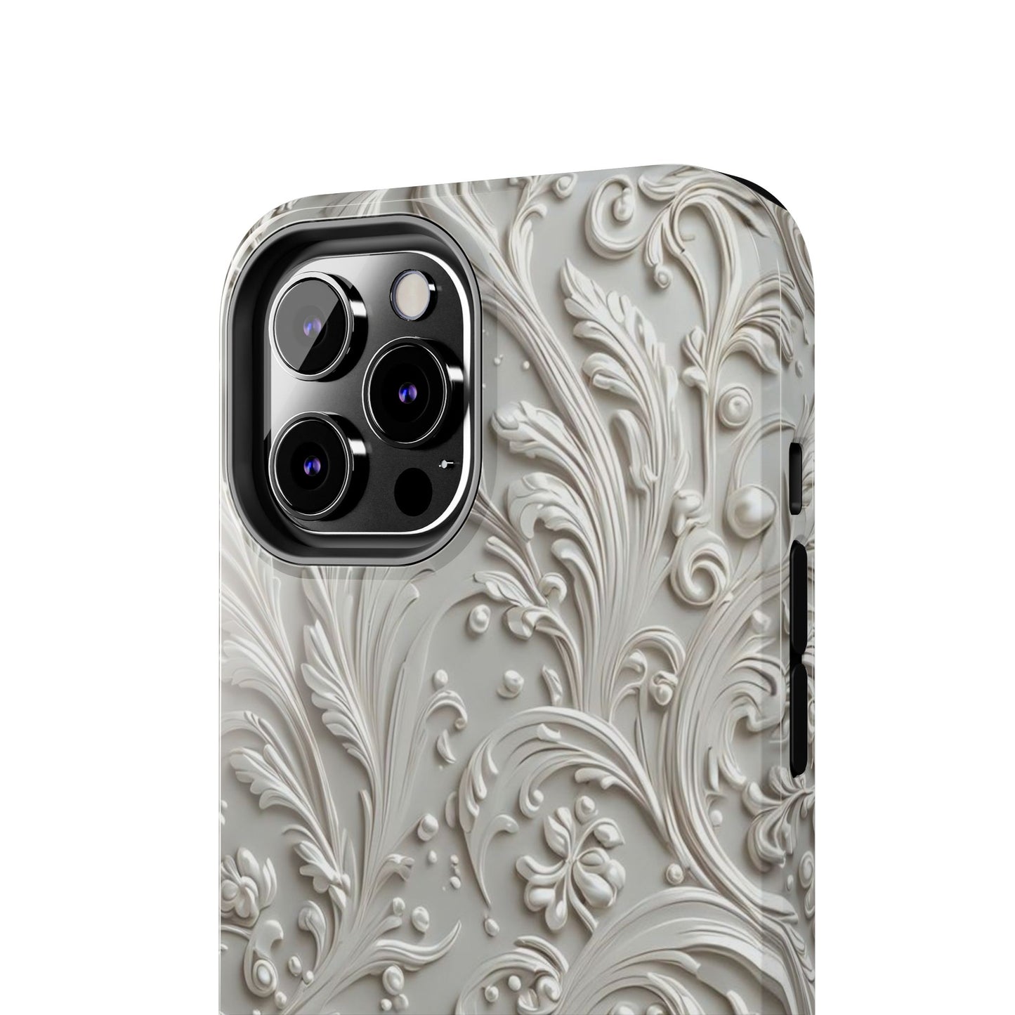 Ornate Baroque Relief Tough Phone Case — Gray Floral Scroll Protective Cover