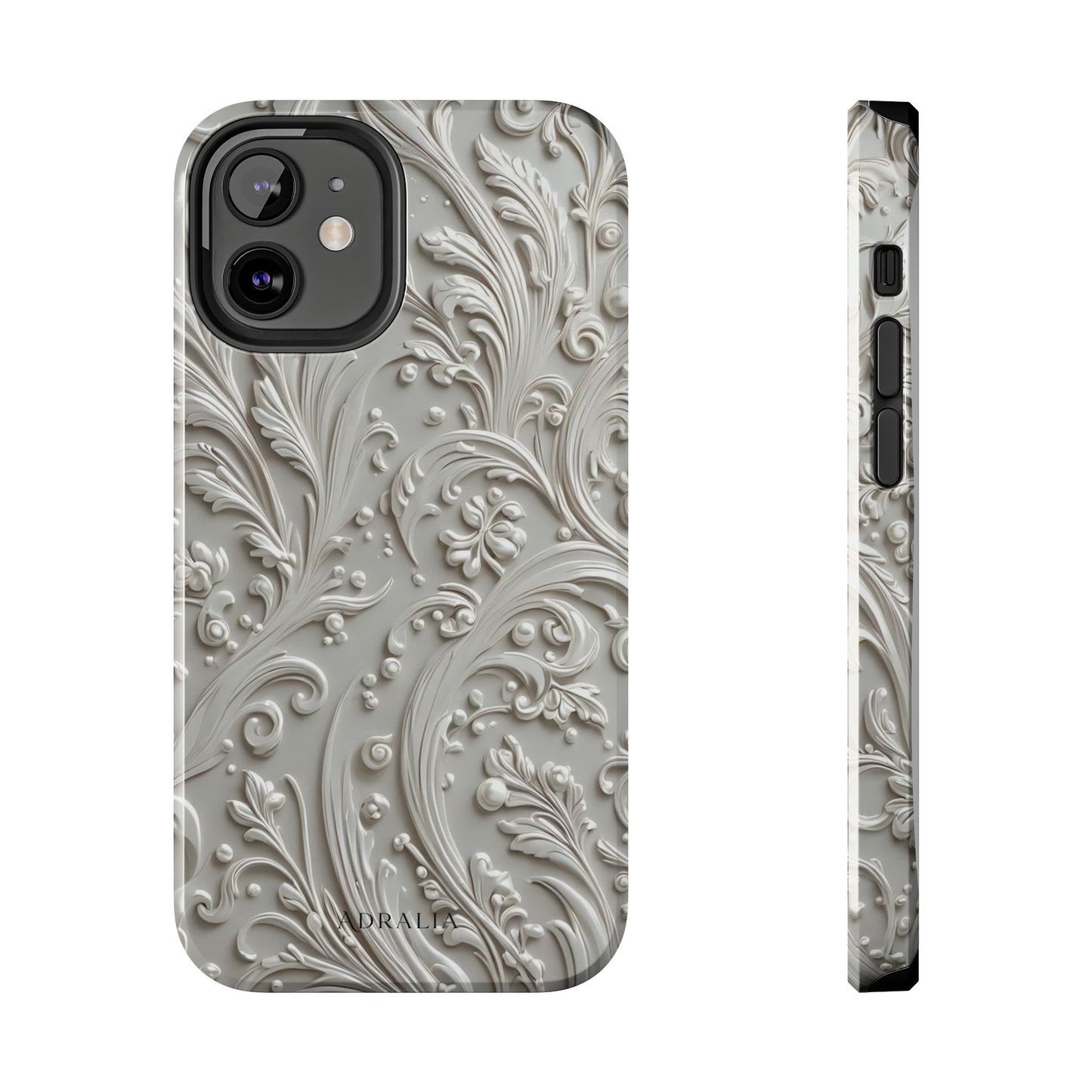 Ornate Baroque Relief Tough Phone Case — Gray Floral Scroll Protective Cover