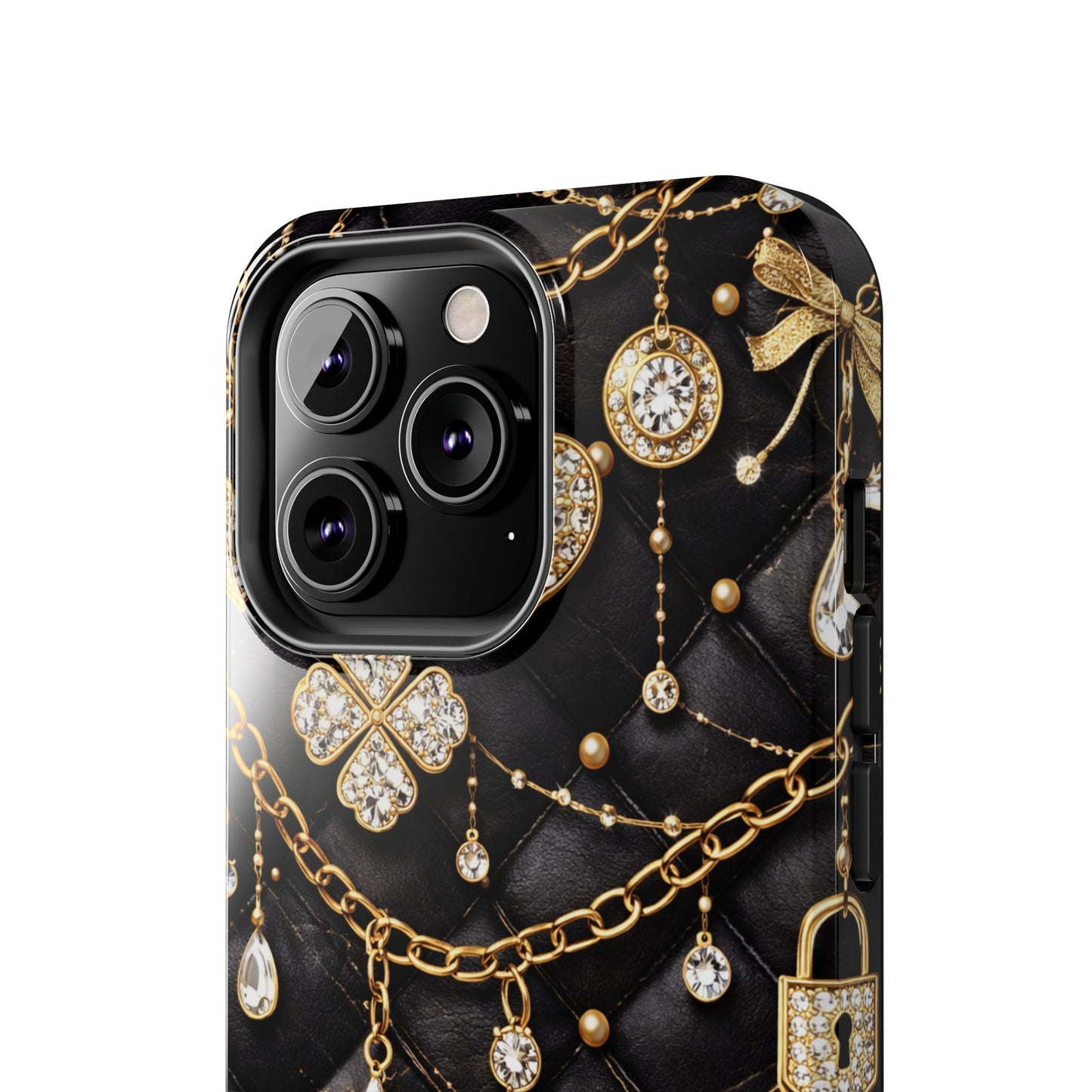 Quilted Black Luxe Phone Case — Gold Chain & Jewel Charm Design
