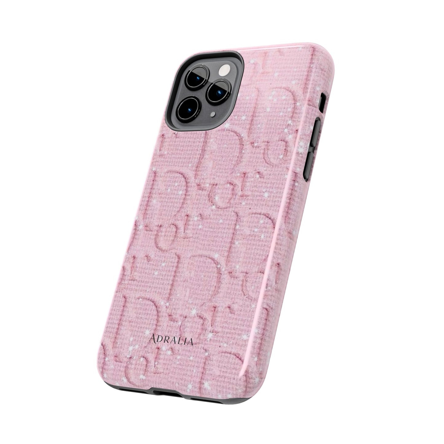 Pink Embossed Tough Phone Case – 'Adralia' Glitter Monogram Protective Cover