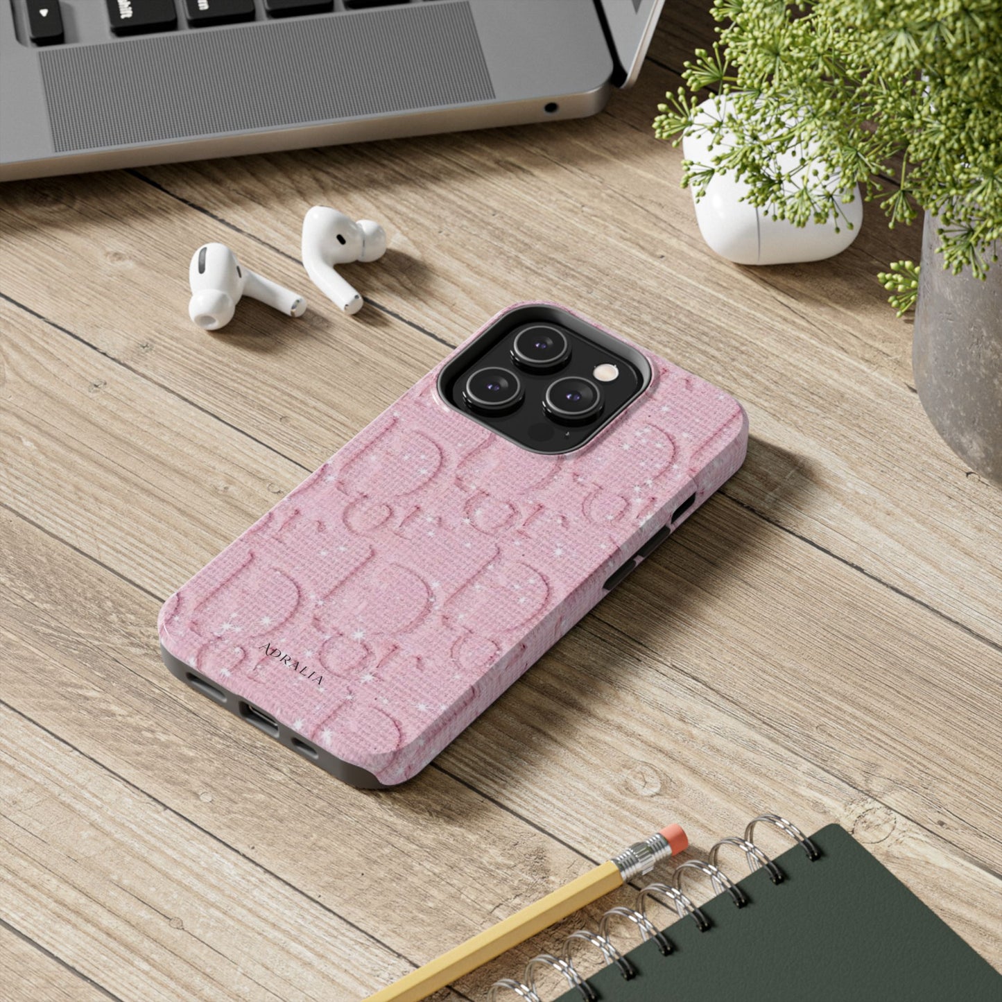 Pink Embossed Tough Phone Case – 'Adralia' Glitter Monogram Protective Cover
