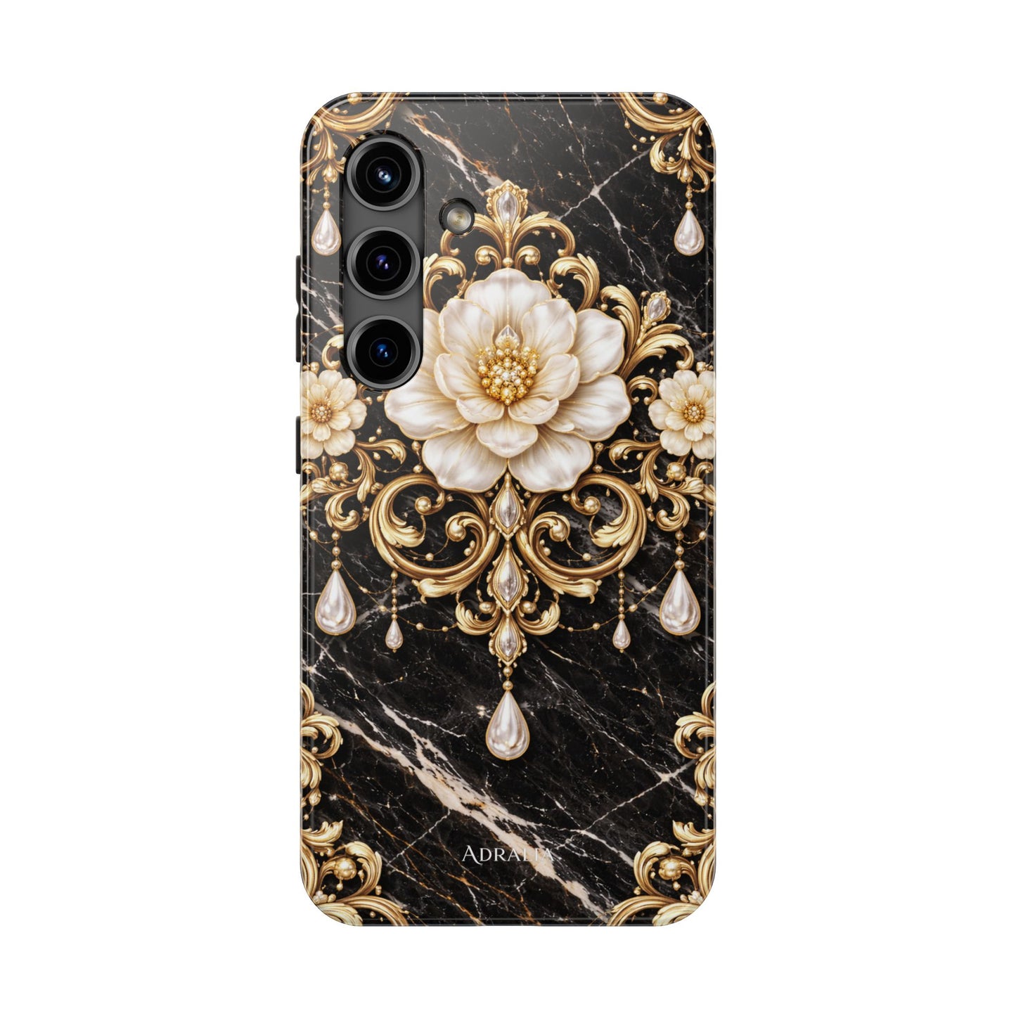 Phone Case — Black Marble Floral Baroque Tough Protective Cover