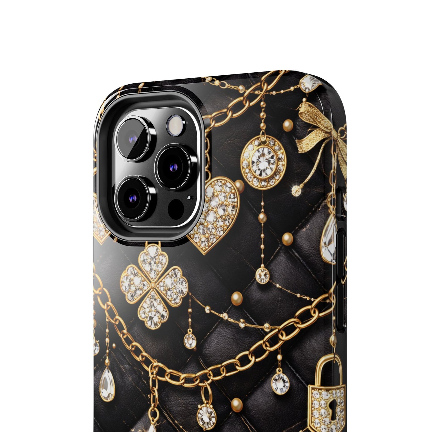 Quilted Black Luxe Phone Case — Gold Chain & Jewel Charm Design