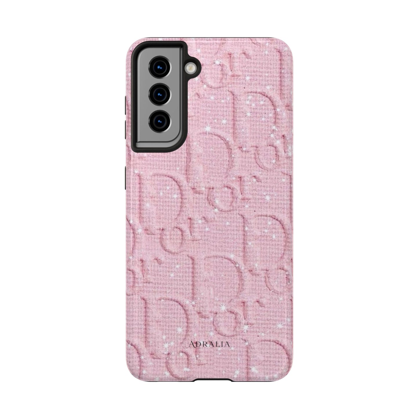 Pink Embossed Tough Phone Case – 'Adralia' Glitter Monogram Protective Cover