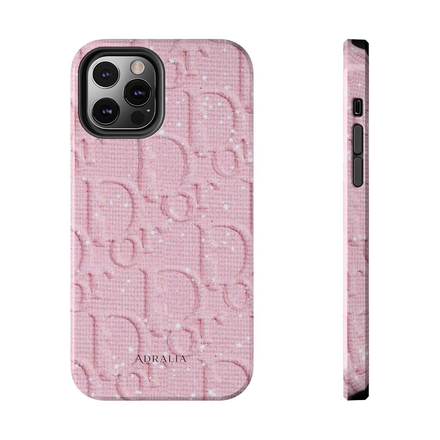 Pink Embossed Tough Phone Case – 'Adralia' Glitter Monogram Protective Cover