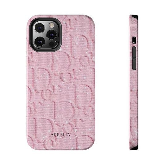 Pink Embossed Tough Phone Case – 'Adralia' Glitter Monogram Protective Cover