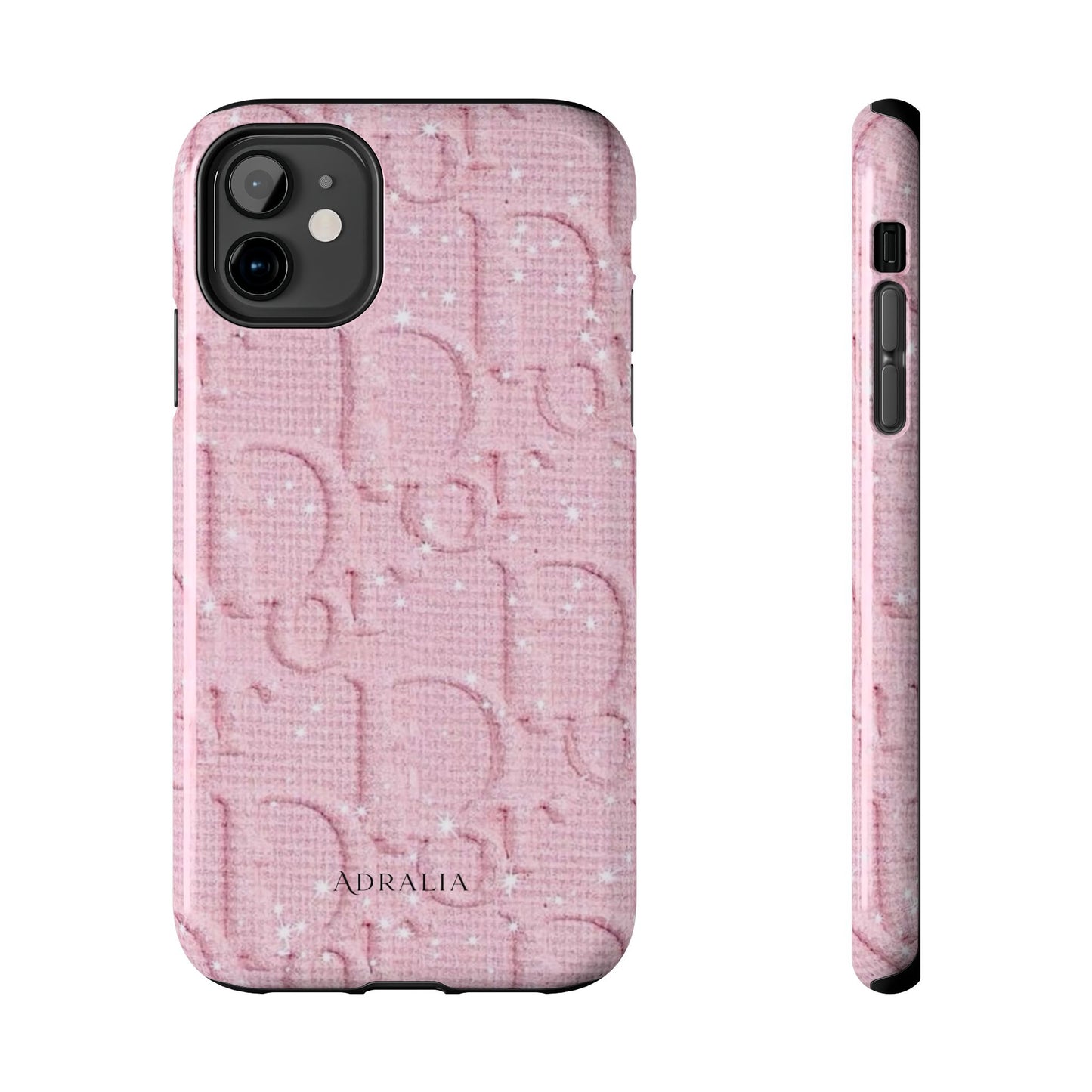 Pink Embossed Tough Phone Case – 'Adralia' Glitter Monogram Protective Cover