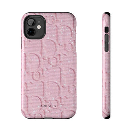 Pink Embossed Tough Phone Case – 'Adralia' Glitter Monogram Protective Cover